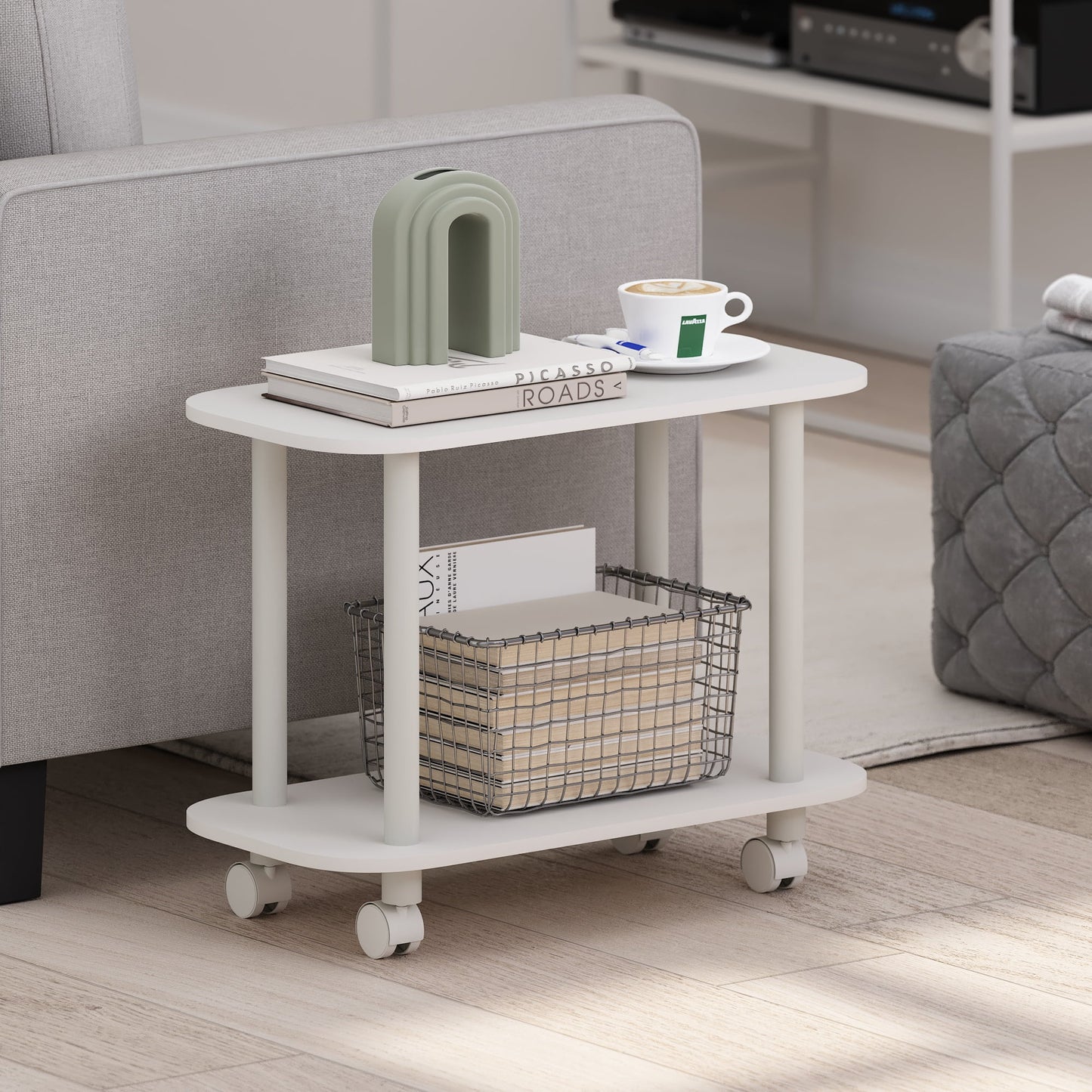 Furinno Turn-N-Tube Modern Oval End Table, Side Table with Casters, White/White