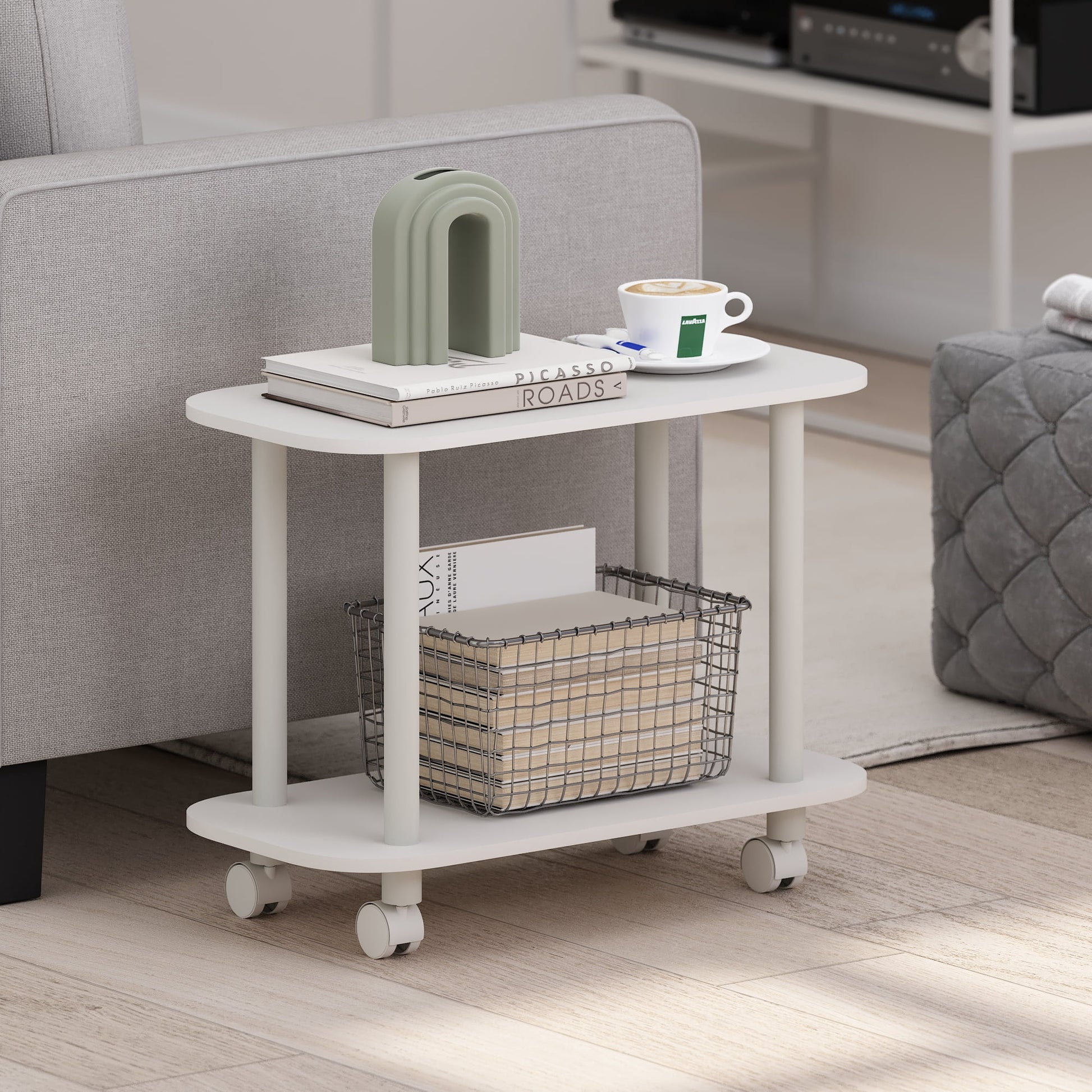 Furinno Turn-N-Tube Modern Oval End Table, Side Table with Casters, White/White