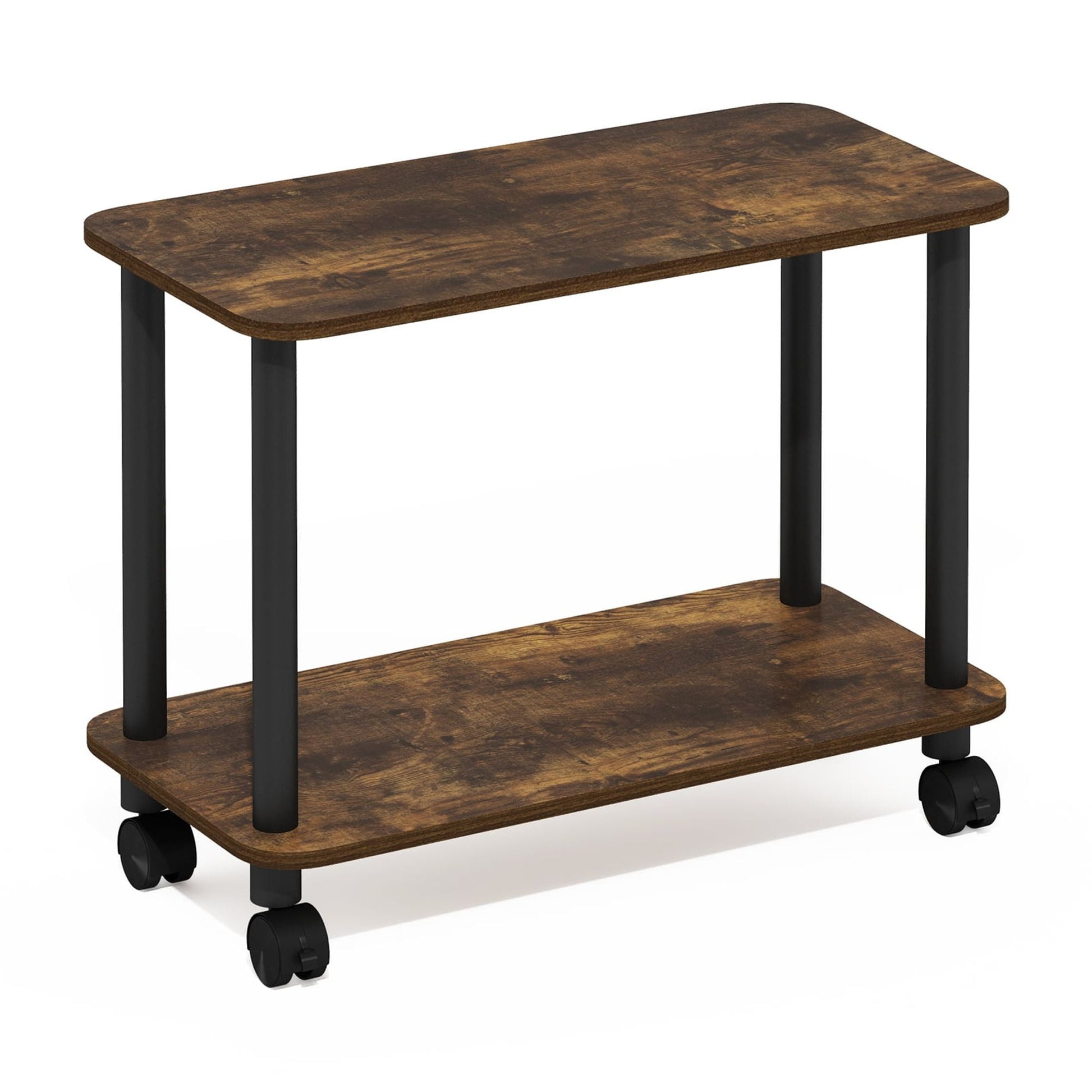 Furinno TURN-N-TUBE Side Table, 2-Tier Rectangle Sofa End Table with Wheels, Round Corner Night Stand, Bedside Table with Open Shelf, Toolless Assembly, for Living Room, Bedroom, Dark Espresso