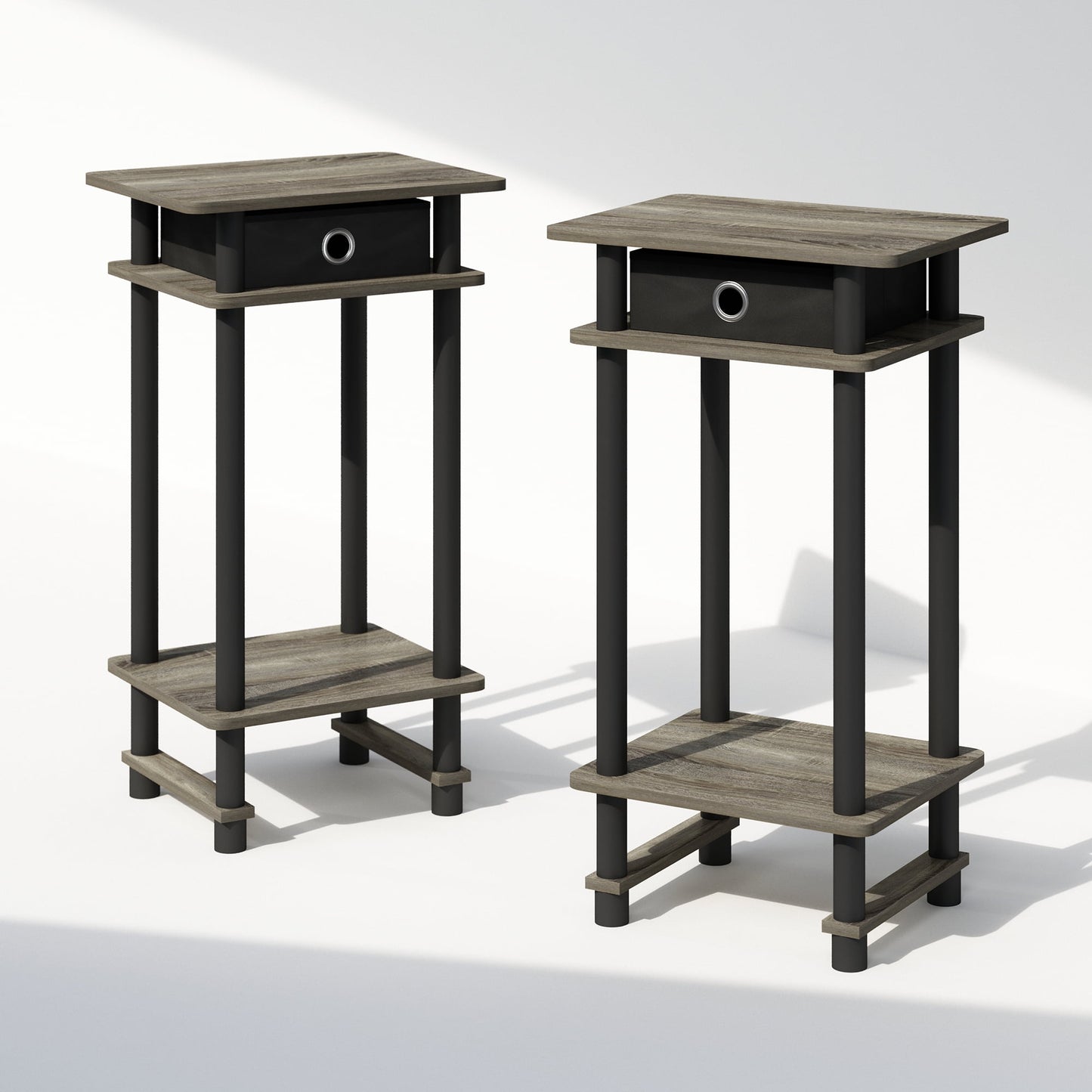 Furinno Turn-N-Tube Tall Nightstand with Bin, French Oak/Black/Black, Set of 2