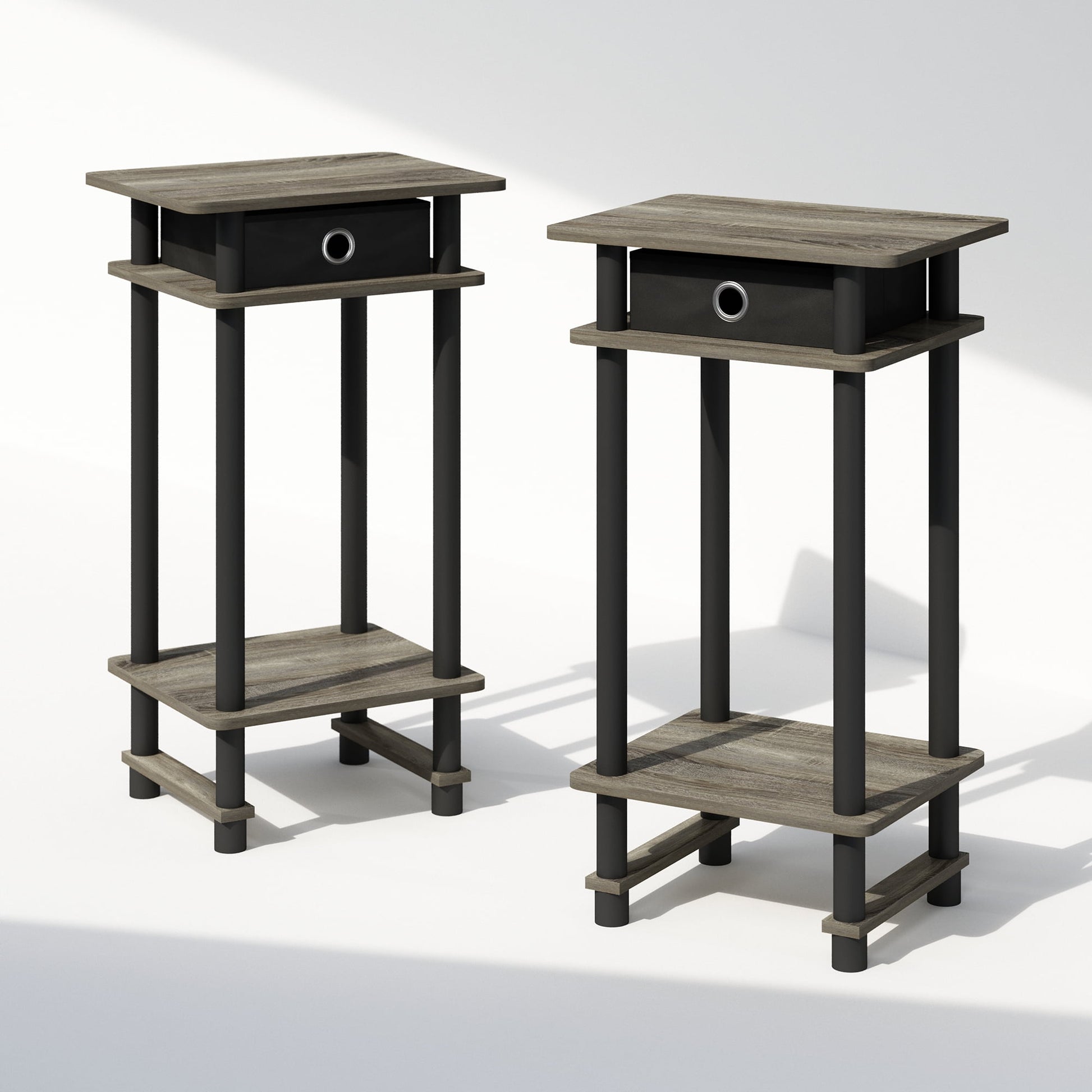 Furinno Turn-N-Tube Tall Nightstand with Bin, French Oak/Black/Black, Set of 2