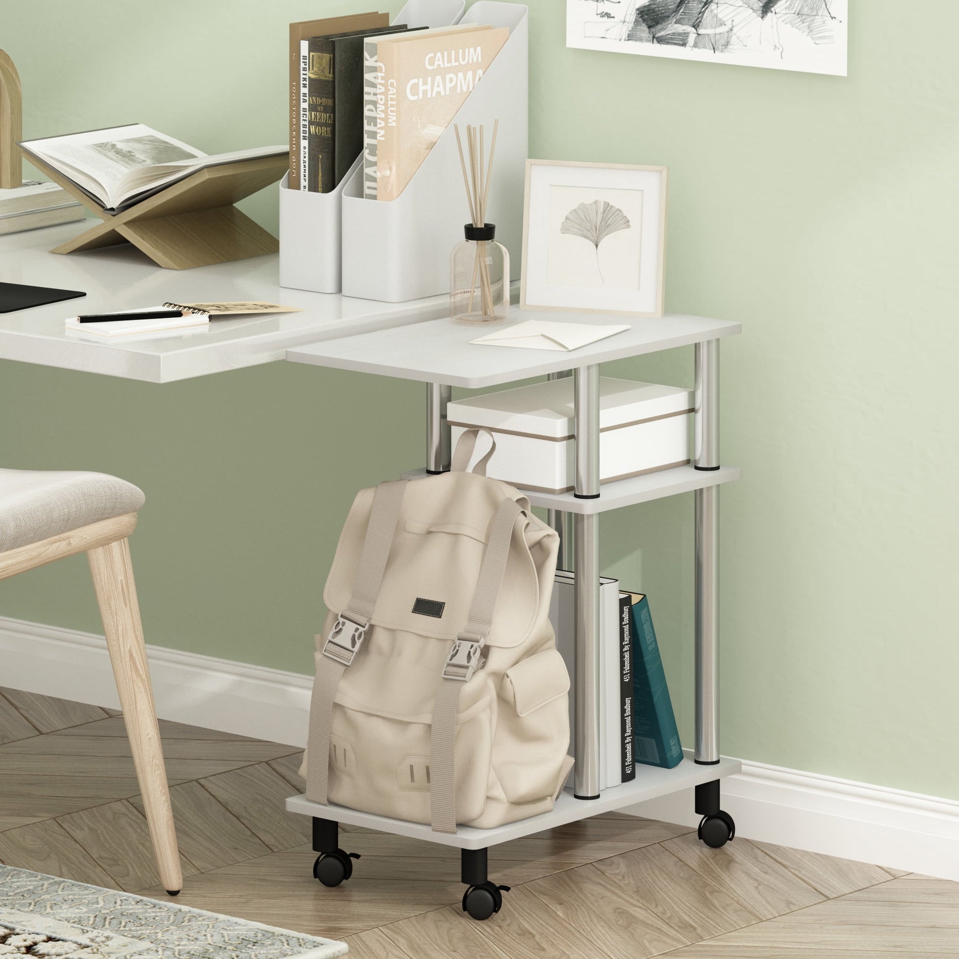 Furinno Turn-N-Tube U Shape Sofa Side Table with Casters, White Oak, Stainless Steel Tubes