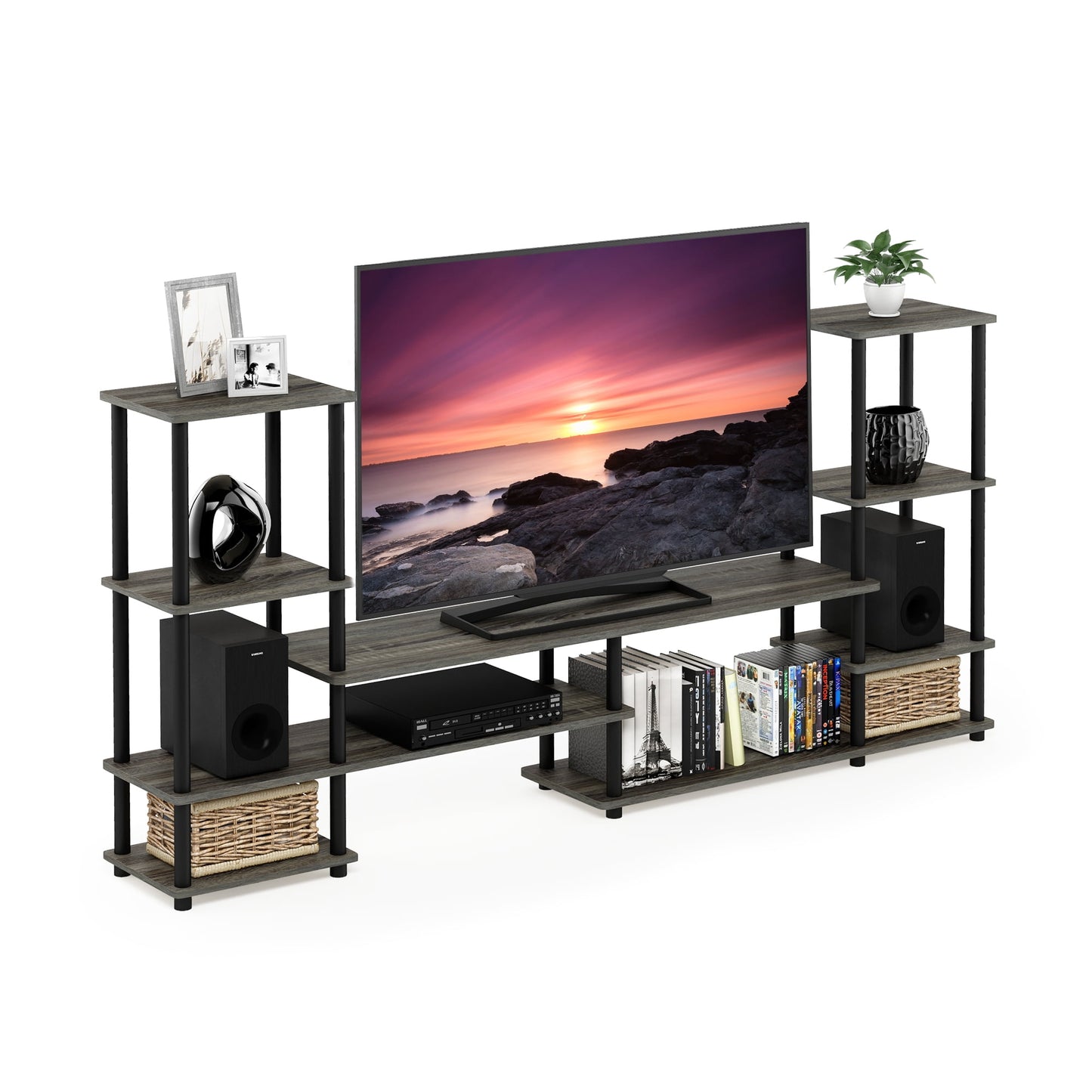 Furinno Turn-N-Tube Wood Grand Entertainment Center for TV up to 50" in Oak Gray