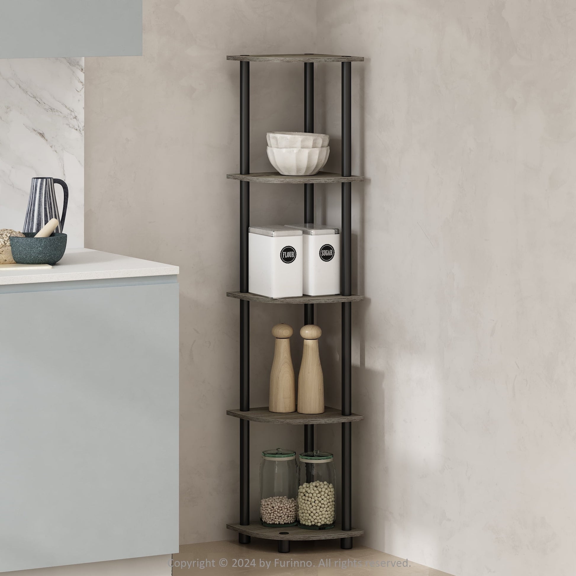 Furinno Turn n Tube 5 Tier 11.6 in x 57.7 in Particle Board French Oak Corner Bookcase