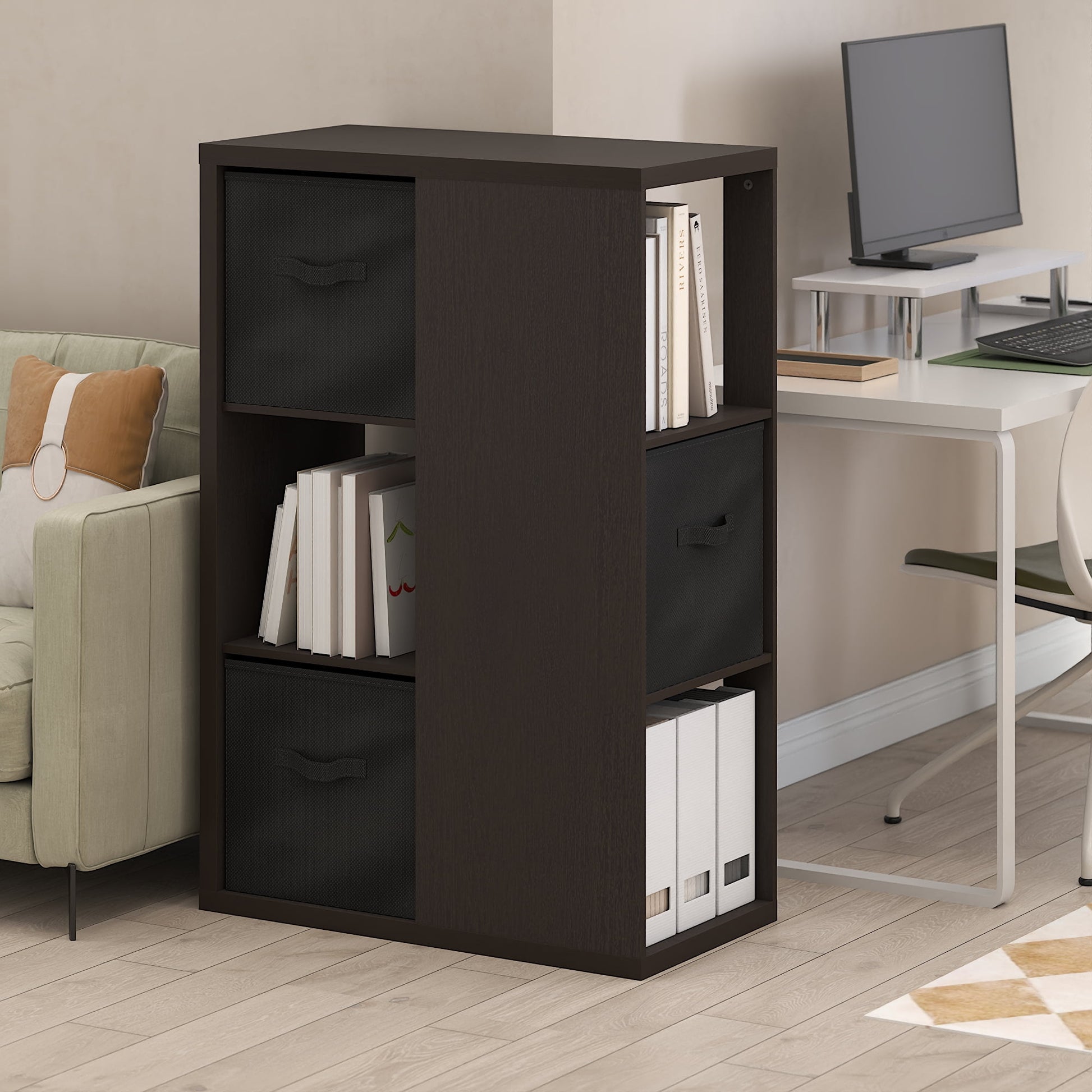 Furinno Viola 3-Tier Open Shelf Bookcase, Bookshelf, Storage Organizer, with Storage Bins, Dark Oak/Black