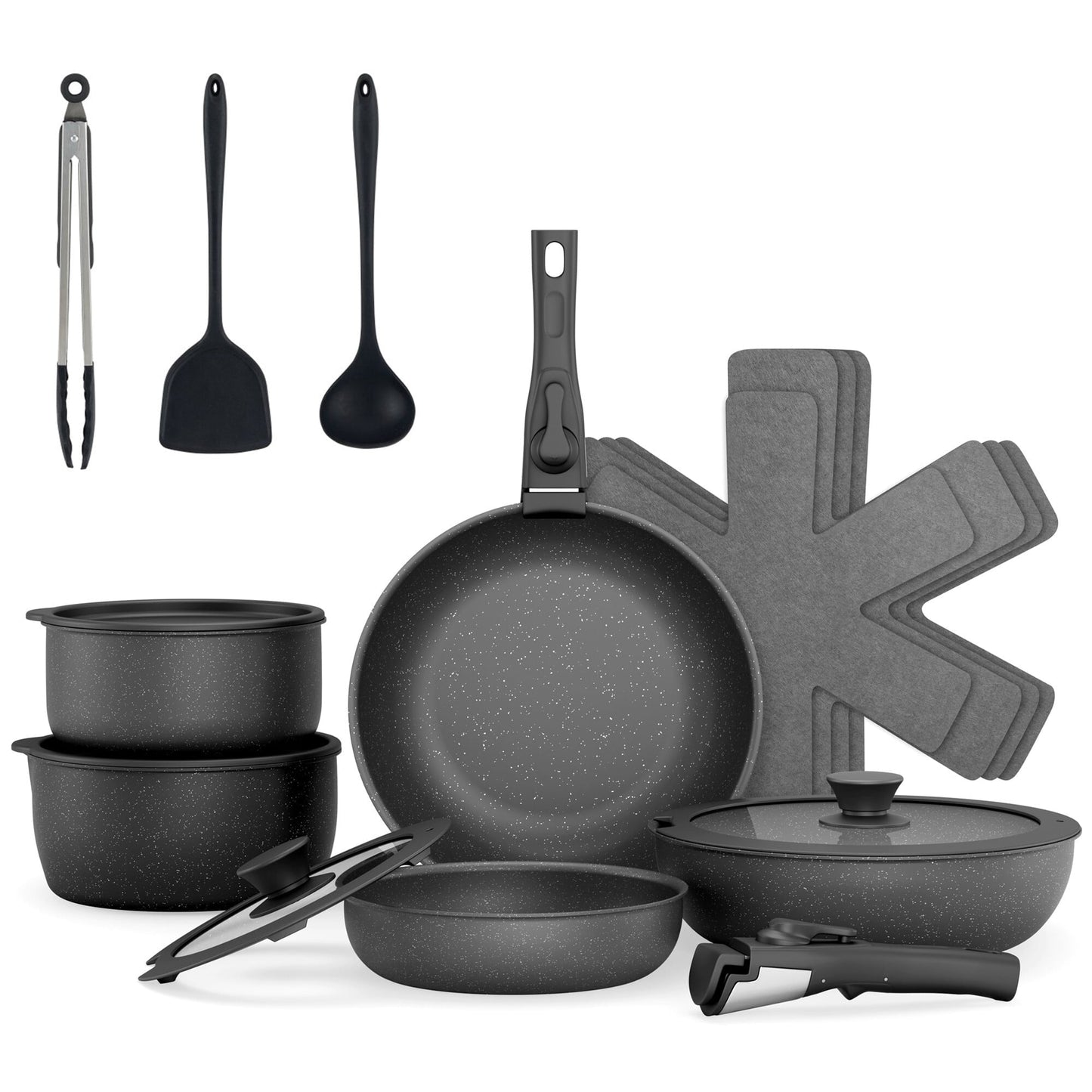 Fenbeli 18 Pcs Pots and Pans Set Nonstick,Ceramic Cookware Set with Pots Protectors and Cooking Utensils,Black
