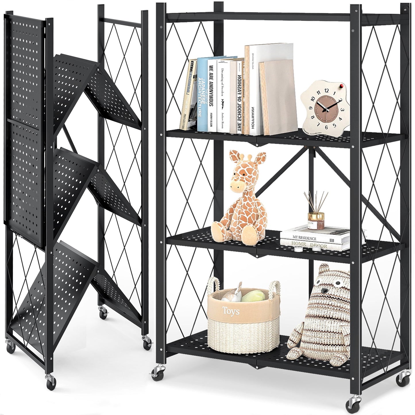 Furnibear 4-Tier Folding Storage Shelves with Wheels, Foldable Metal Rack, Collapsible Shelves for Garage, Kitchen, Basement, Black