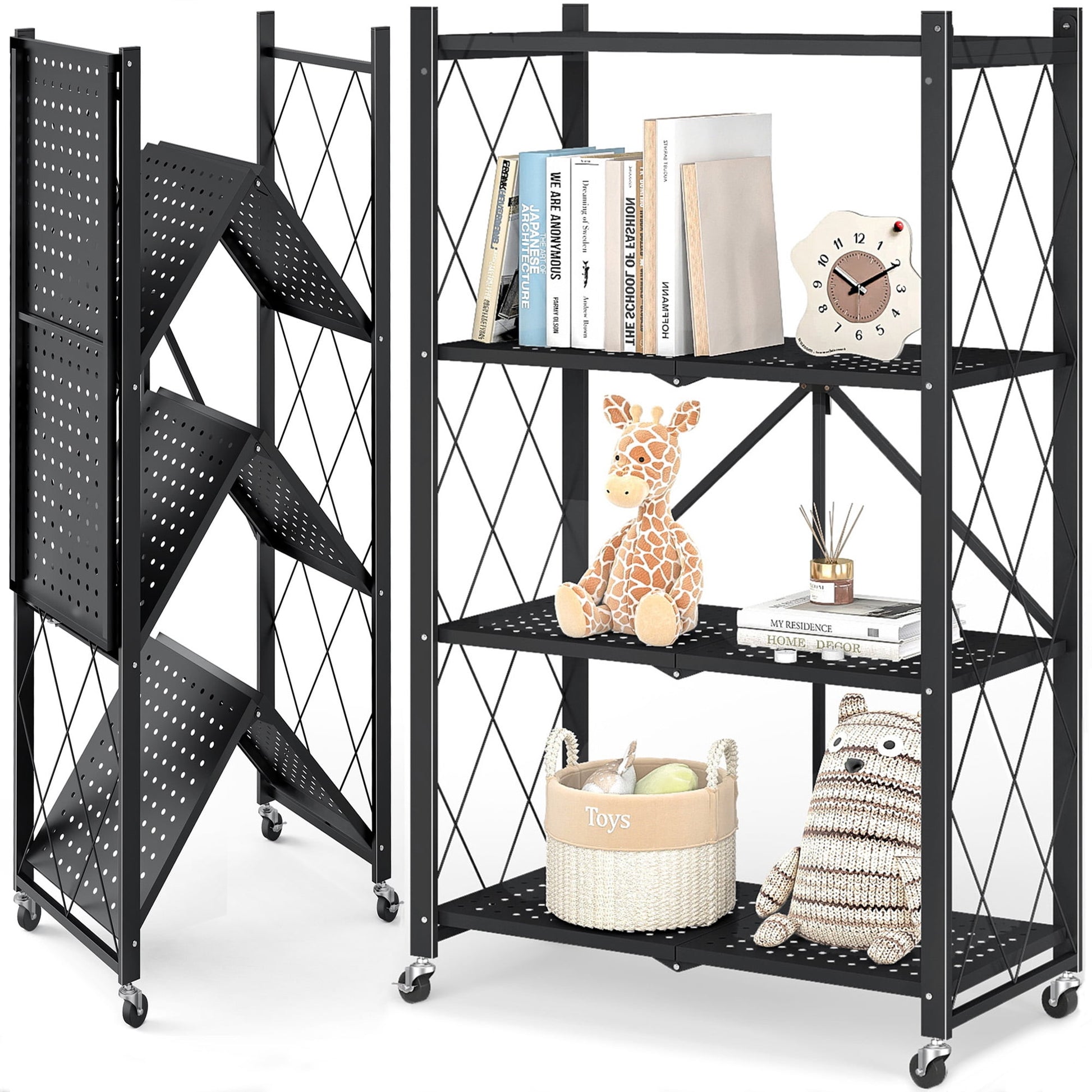 Furnibear 4-Tier Folding Storage Shelves with Wheels, Foldable Metal Rack, Collapsible Shelves for Garage, Kitchen, Basement, Black