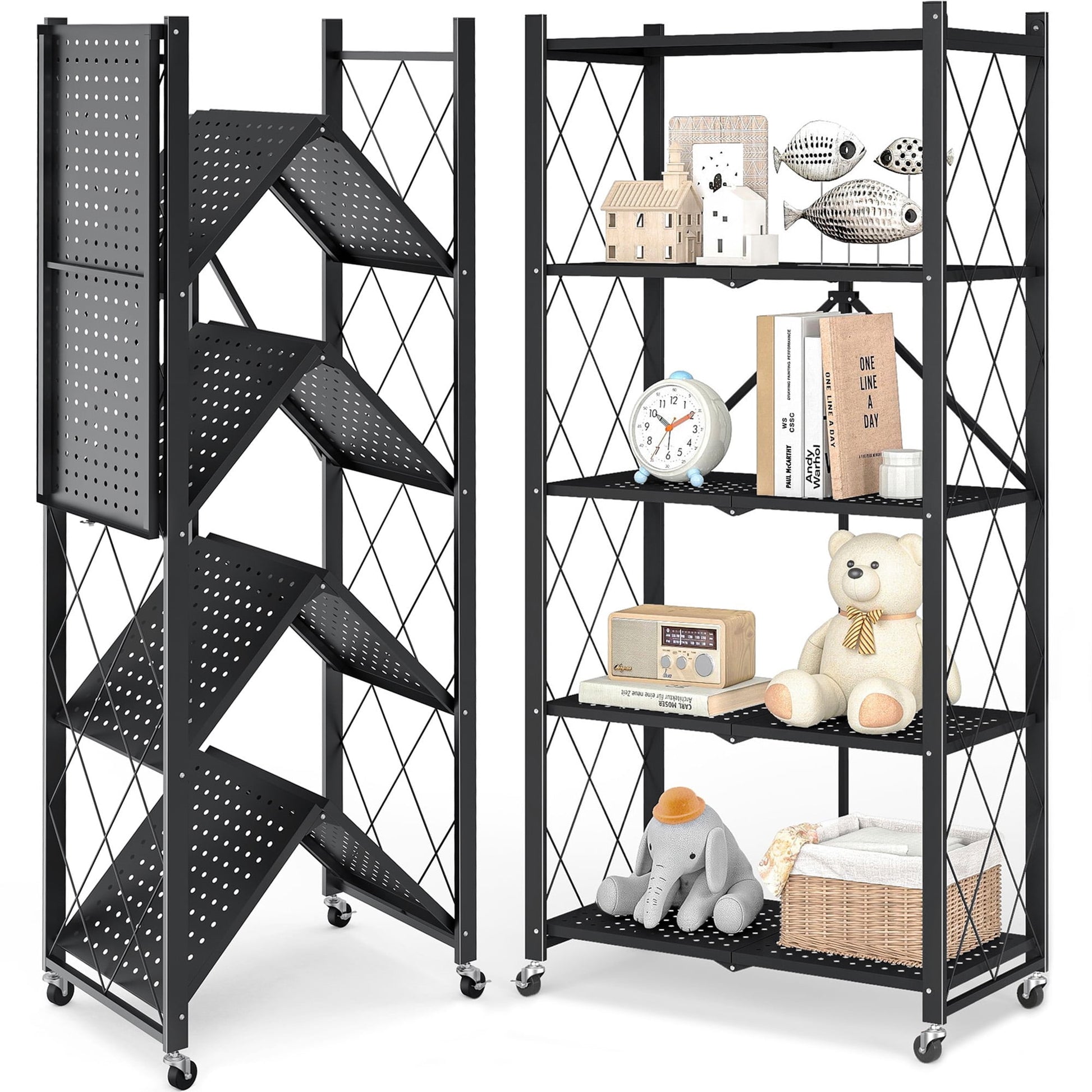 Furnibear 5-Tier Folding Storage Shelves with Wheels, Foldable Metal Rack, Collapsible Shelves for Garage, Kitchen, Basement, Black