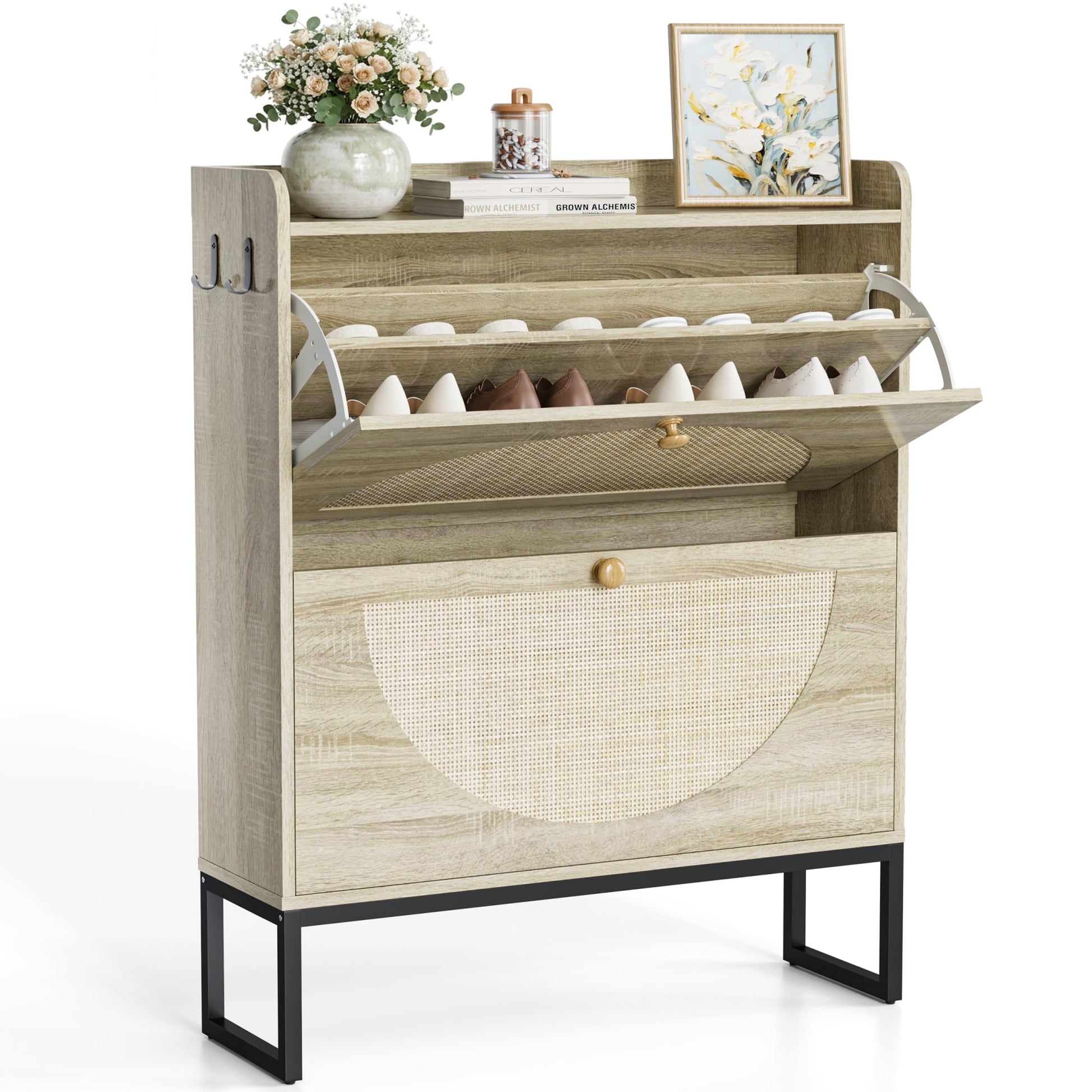 Furnibear Shoe Cabinet with Rattan Doors and Adjustable Shelves for Entryway Shoe Storage, Natural Wood
