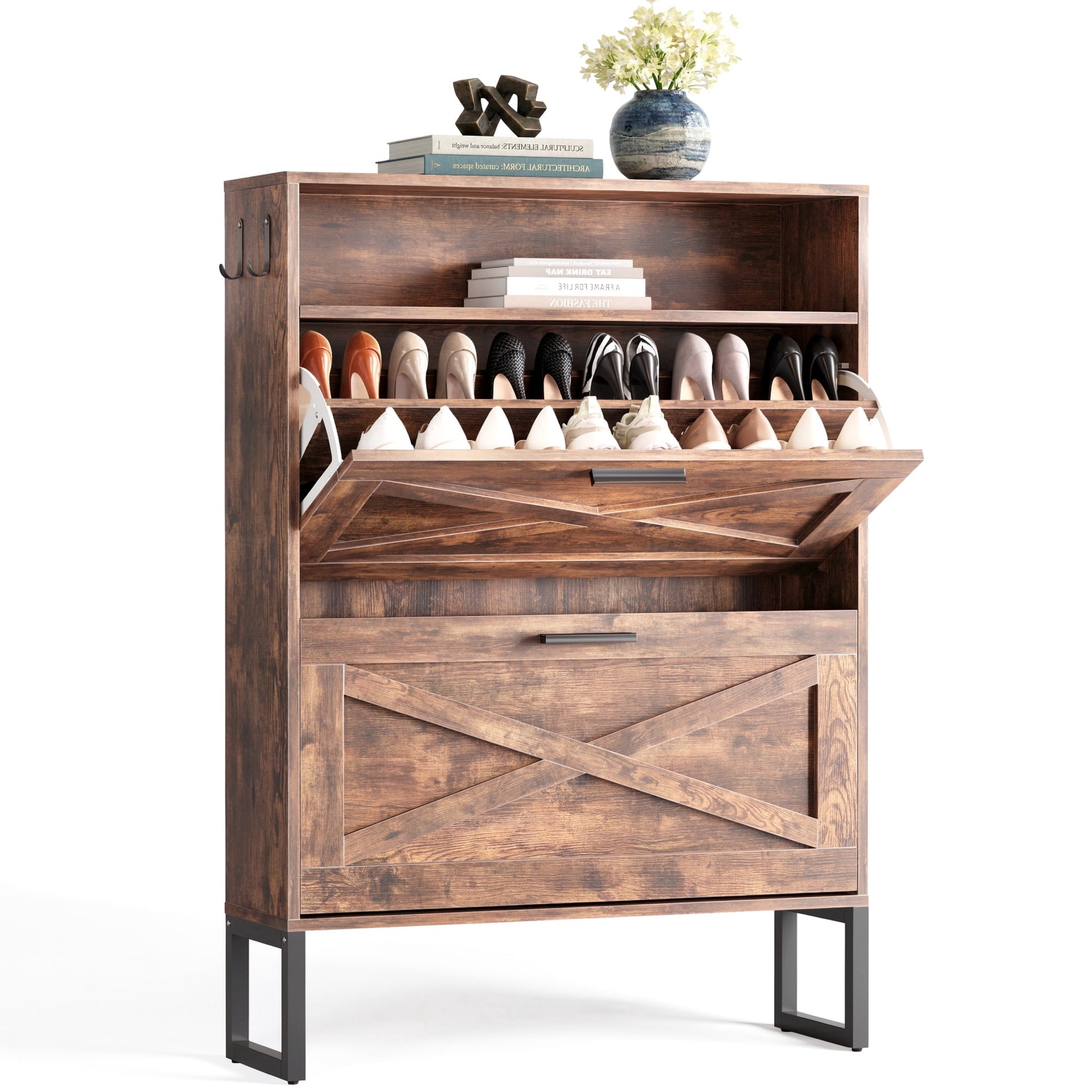 Furnibear Shoe Cabinet with Flip Door Shoe Storage and Adjustable Shelves for Entryway and Closet, Burnt Wood
