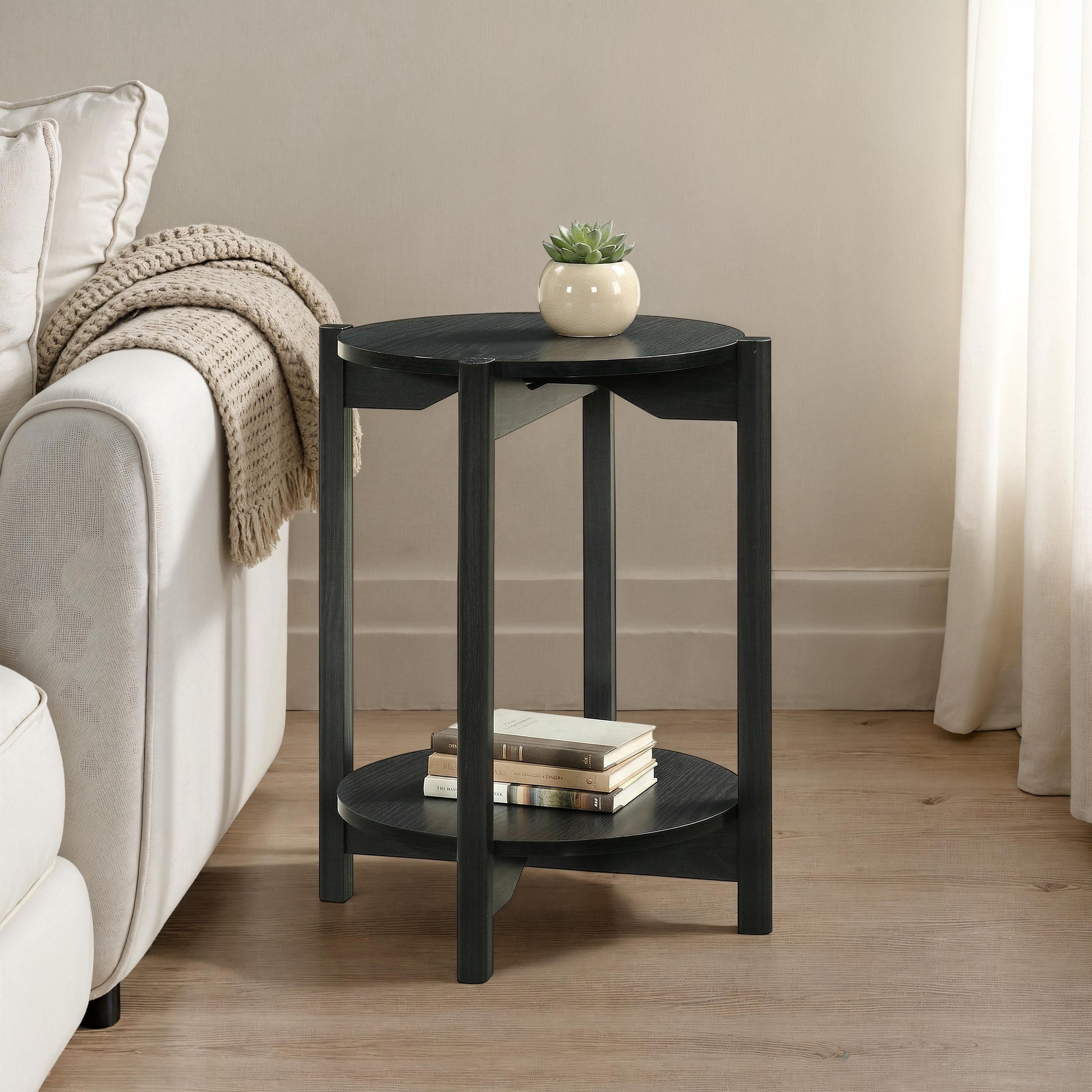 Furniture of America Afra Modern Wood Round End Table with Open Bottom Shelf, Black