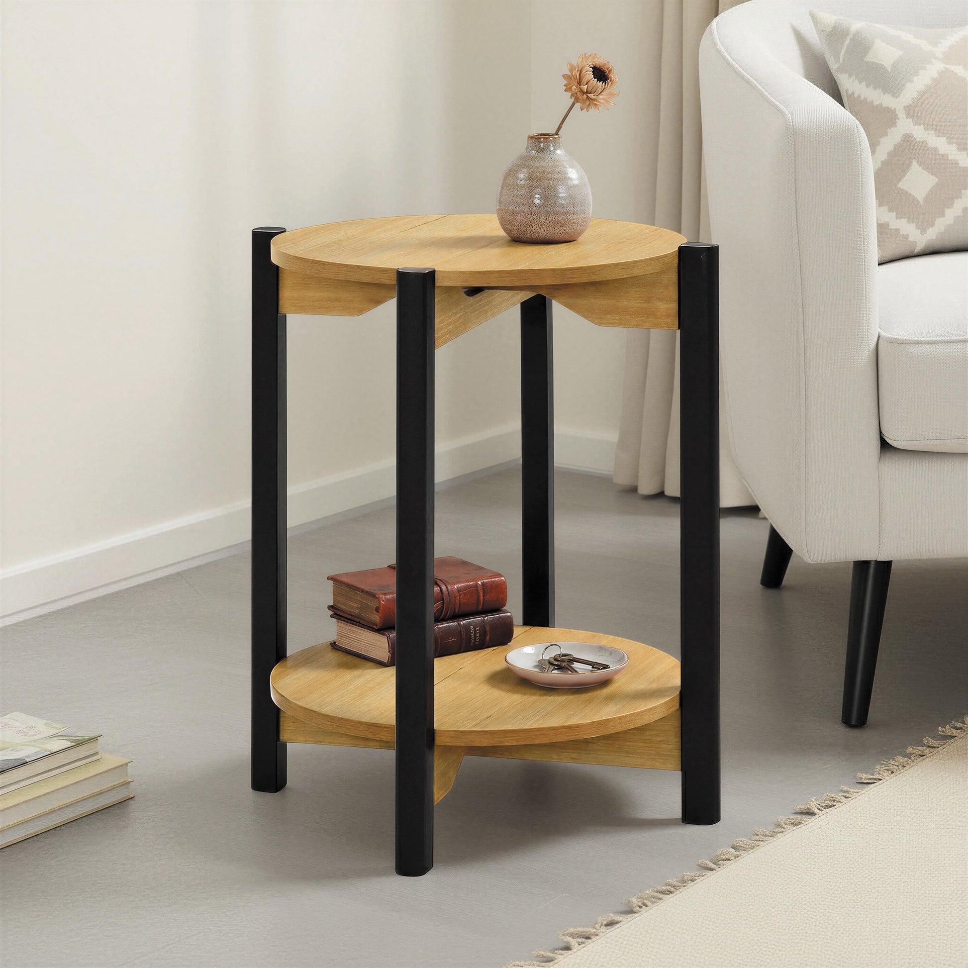 Furniture of America Afra Modern Wood Round End Table with Open Bottom Shelf, Oak