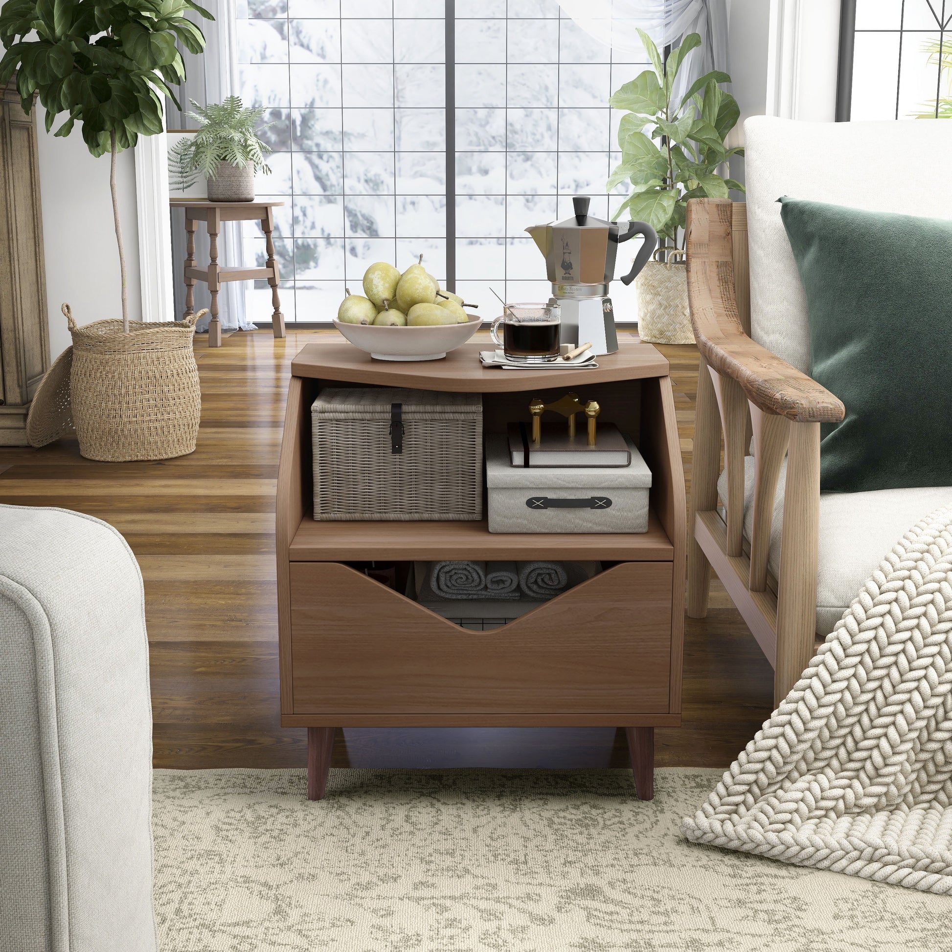 Furniture of America Barr 1-Drawer and 1-Shelf Wood Teen Nightstand with Angled Legs, Walnut