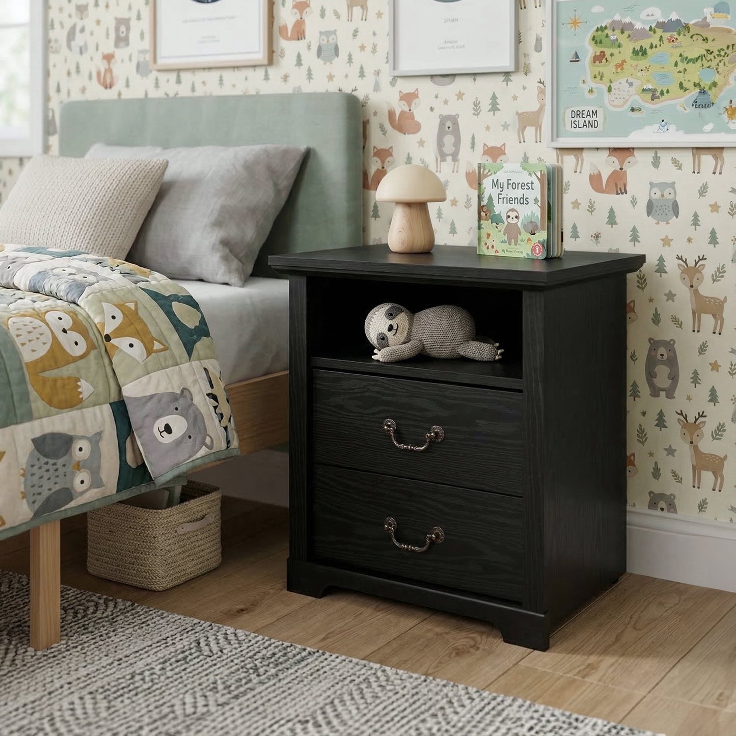 Furniture of America Chara Modern Wood 2-Drawer Nightstand with Open Top Shelf, Black