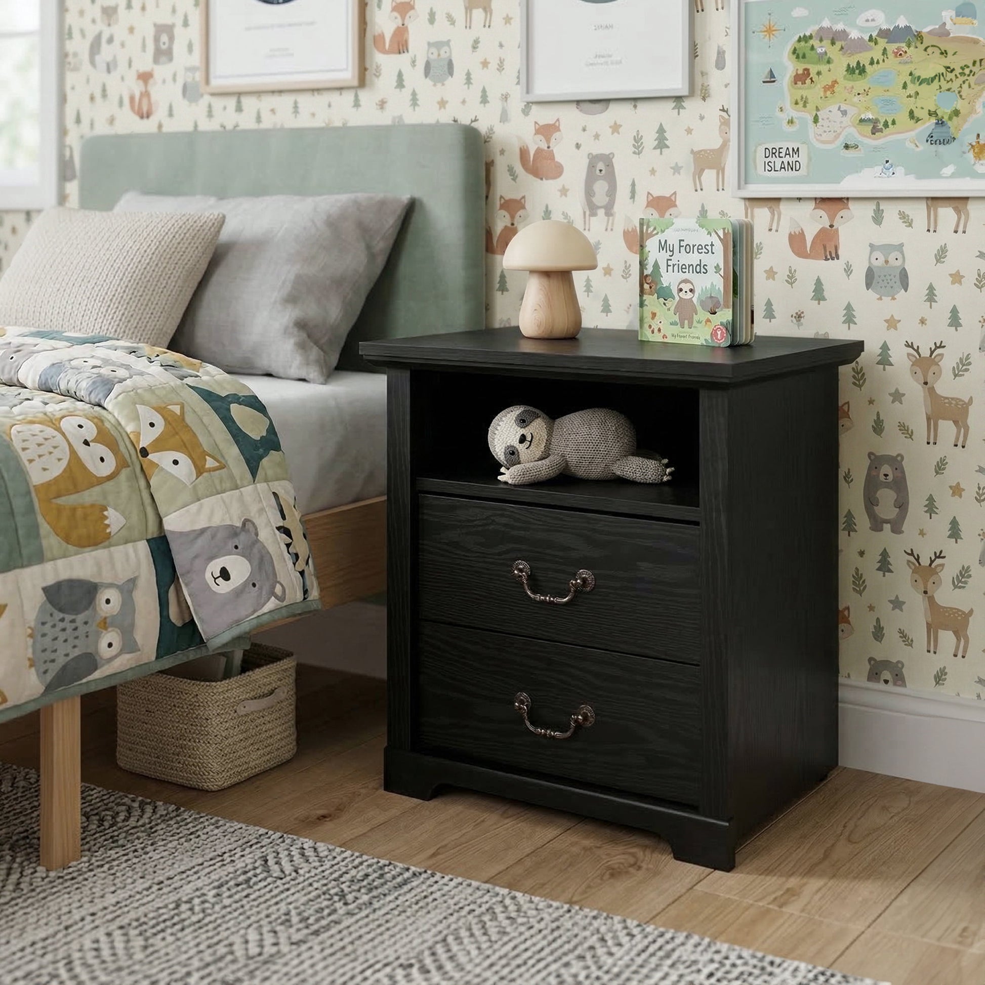 Furniture of America Chara Modern Wood 2-Drawer Nightstand with Open Top Shelf, Black