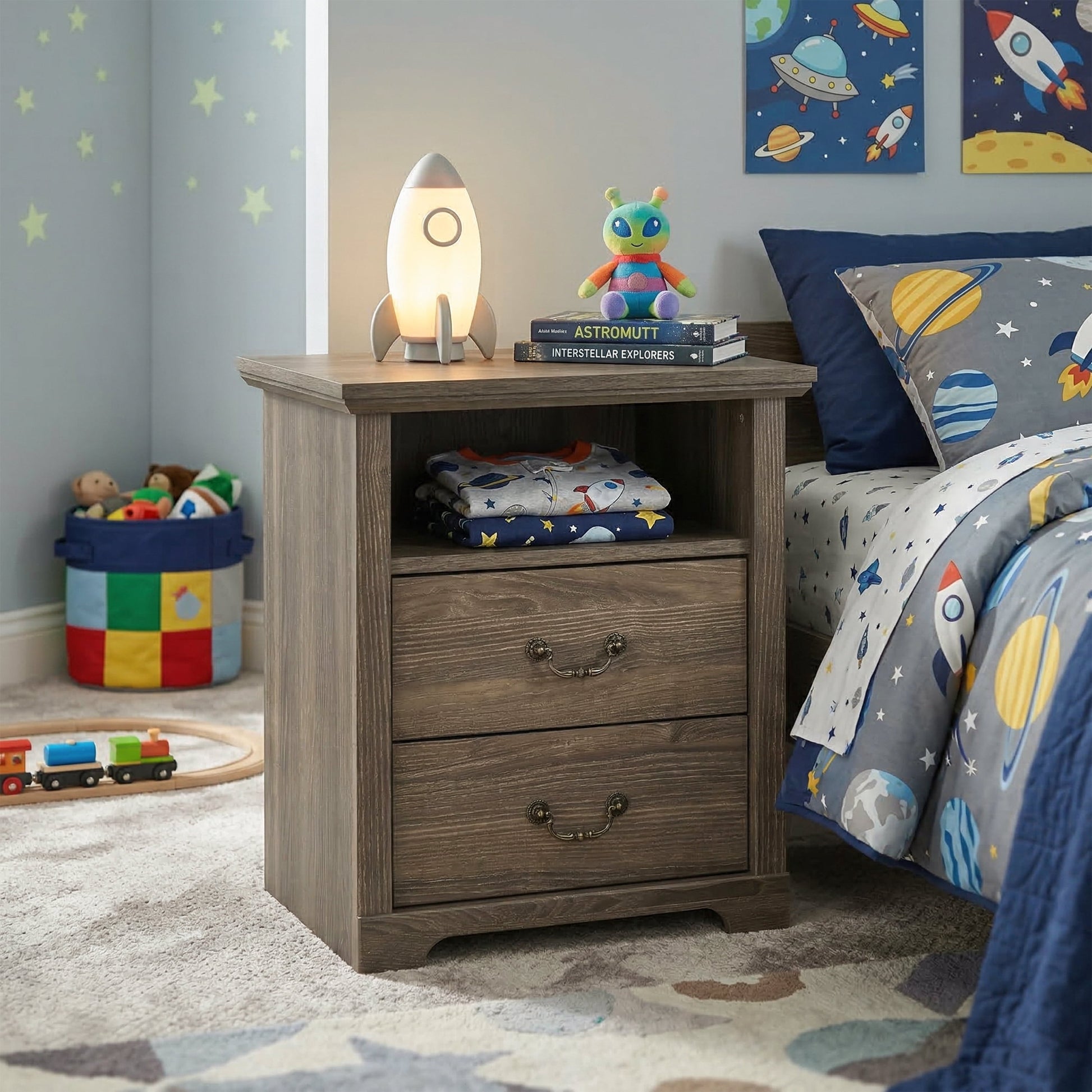 Furniture of America Chara Modern Wood 2-Drawer Nightstand with Open Top Shelf, Dark Gray
