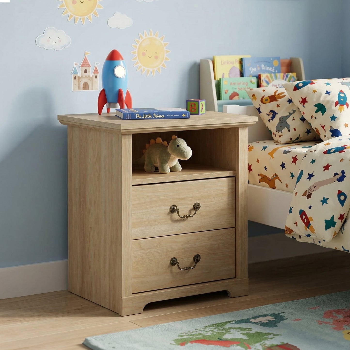 Furniture of America Chara Modern Wood 2-Drawer Nightstand with Open Top Shelf, Distressed Oak