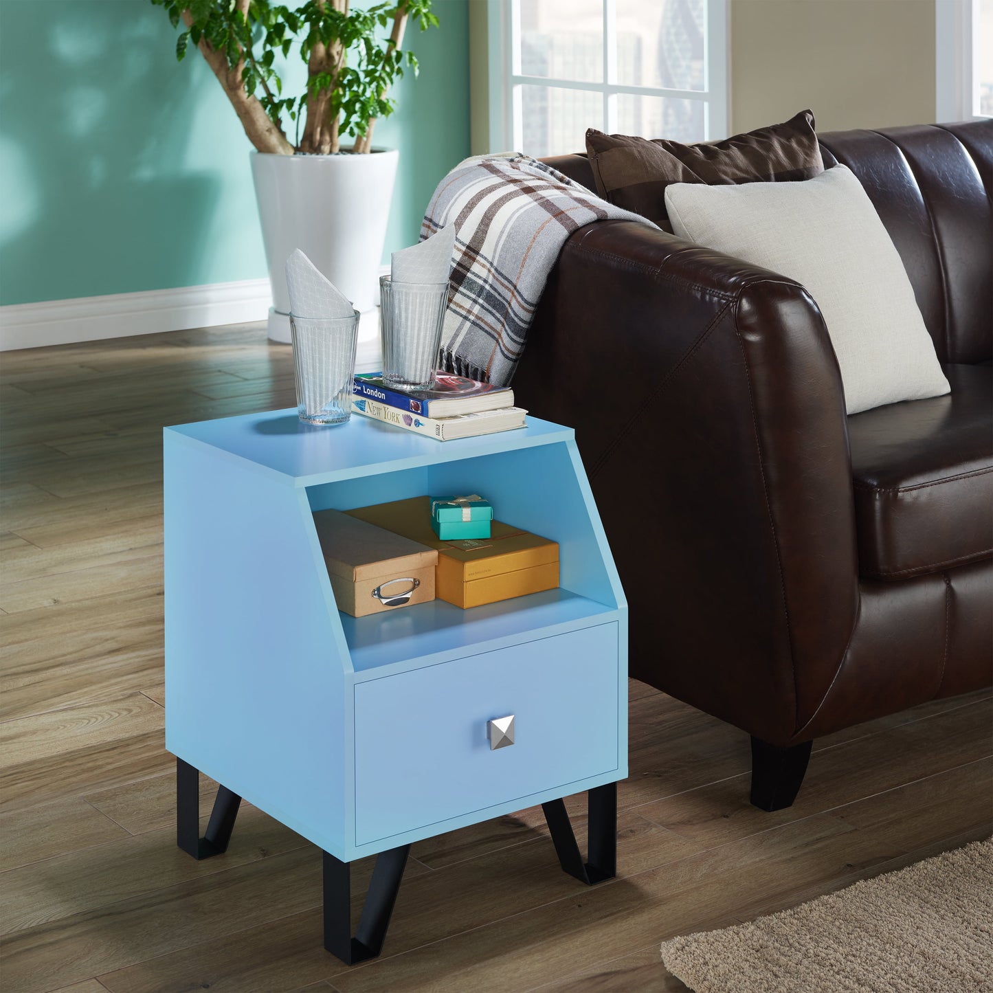 Furniture of America Clement 1-Drawer End Table, Light Blue