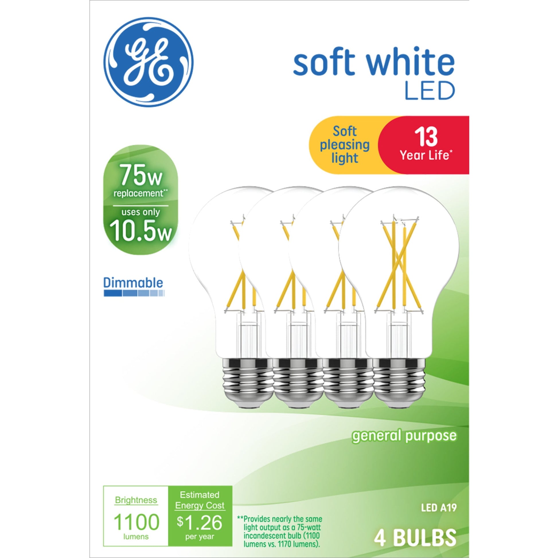 GE A19 LED Light Bulbs, 75 Watts, Soft White, 13yr, 4pk CEC