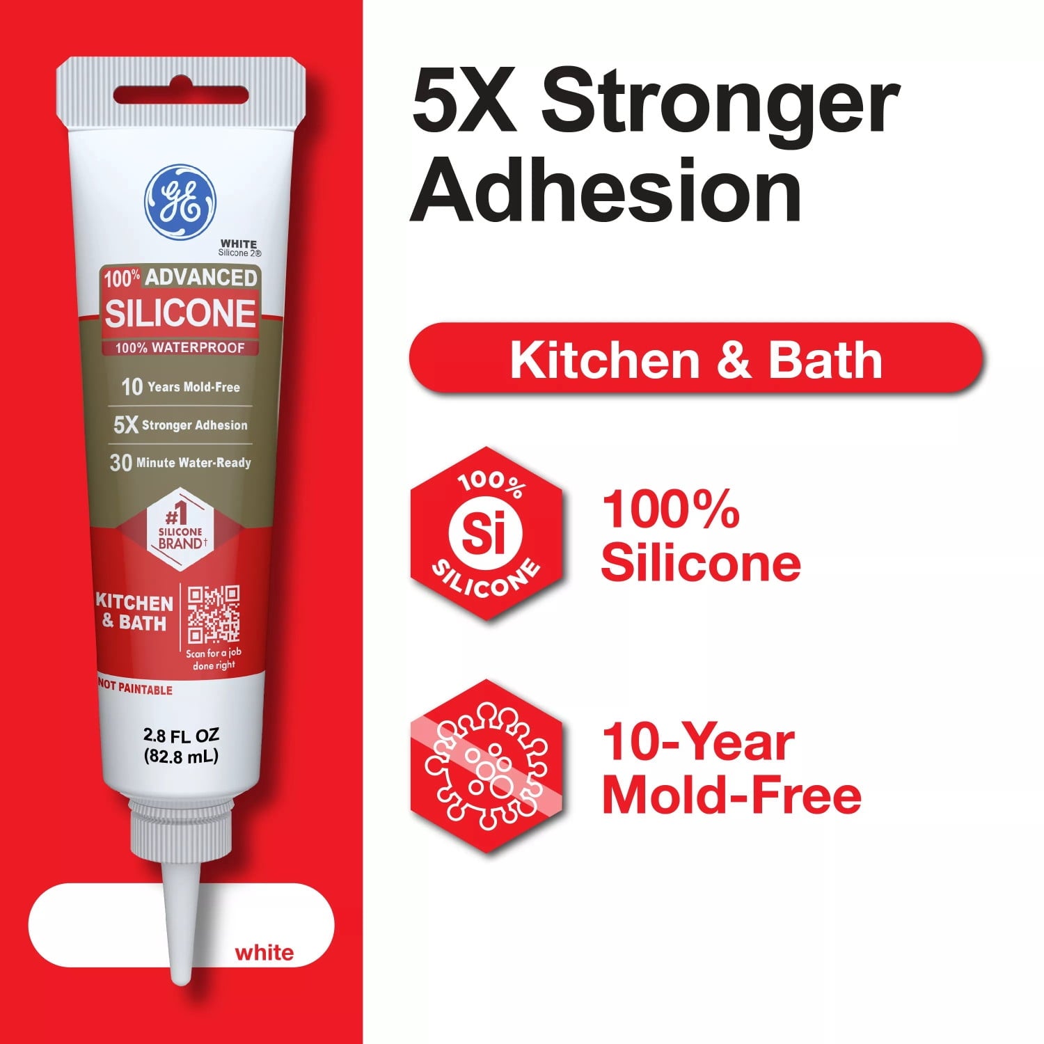 GE Advanced Silicone Kitchen & Bath Sealant, Pack of 1, White 2.8 fl oz Tube