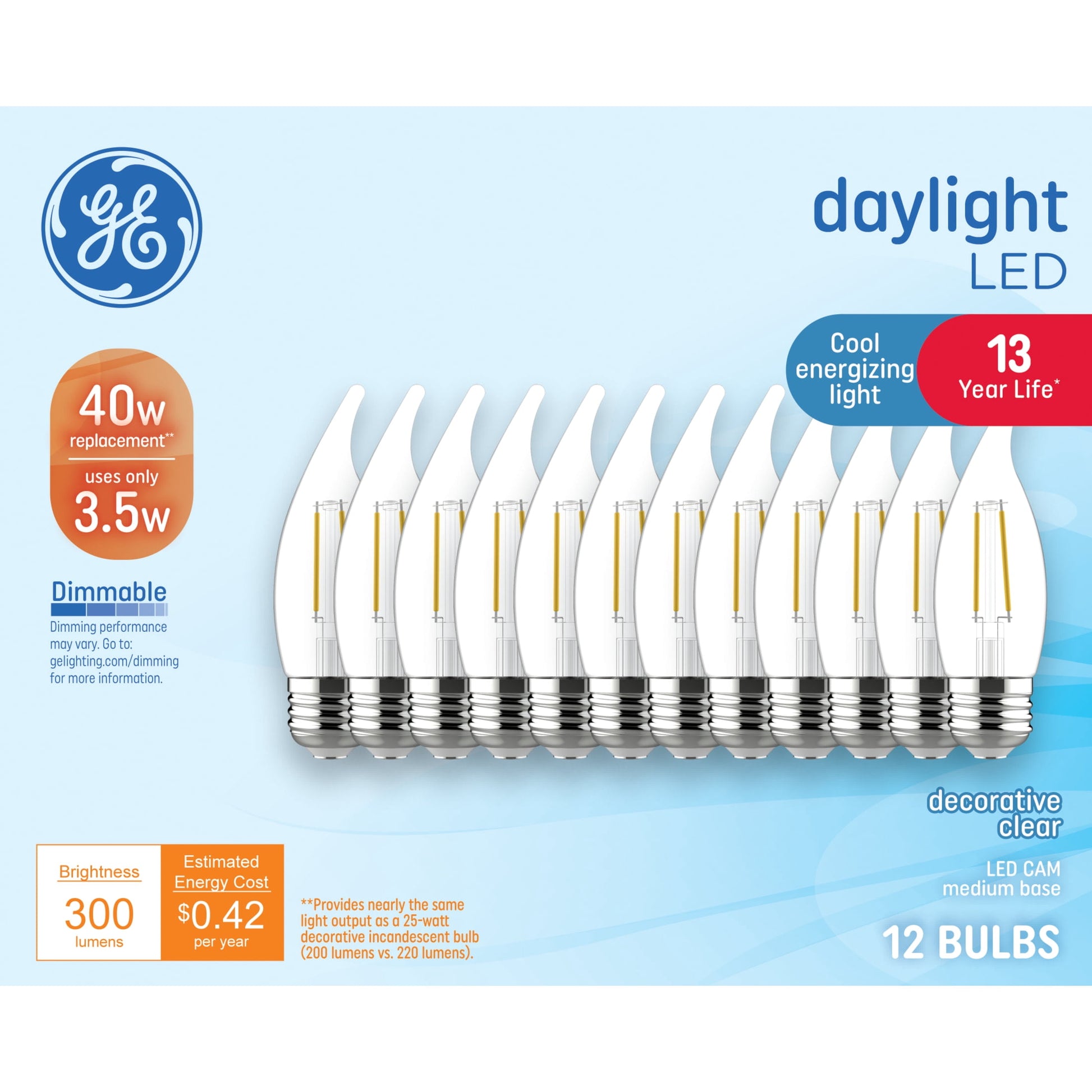 GE LED 40W CA11 Daylight 13YR Med Base (12-Pack)