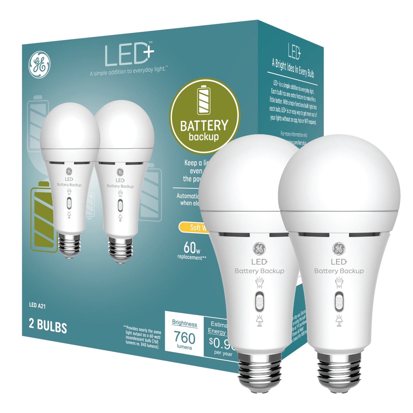 GE LED+ Battery Backup, 60 Watt, Soft White, A21 Bulbs, Medium Base, 2pk