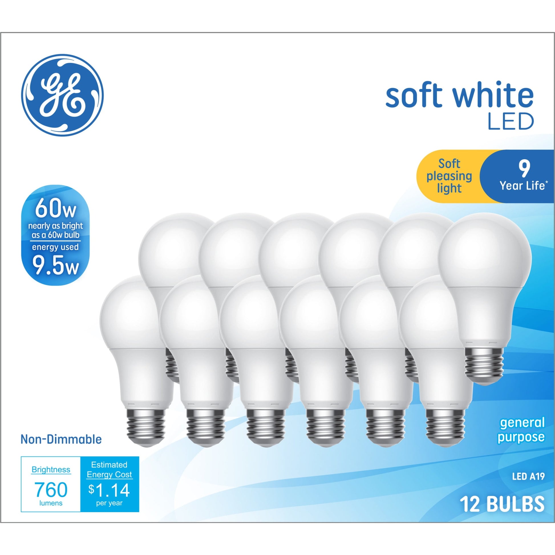 GE LED Light Bulb, 60 Watt, Soft White, A19 Bulbs, Medium Base, 9yr, 12pk