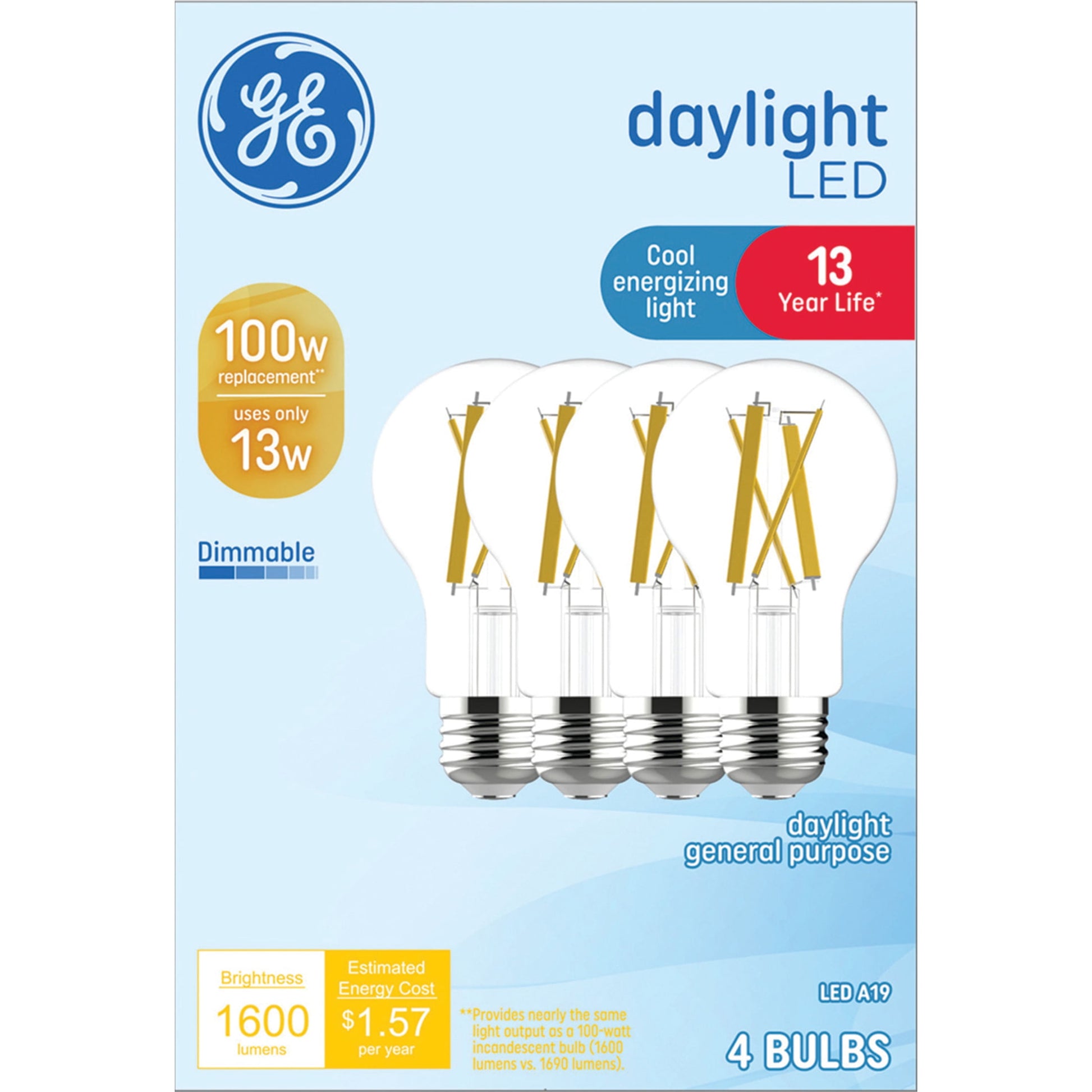GE Bombillas LED, 100 Watt, Daylight, Bombillas A19, Base Mediana, Acabado Transparente, 13yr, 4pk