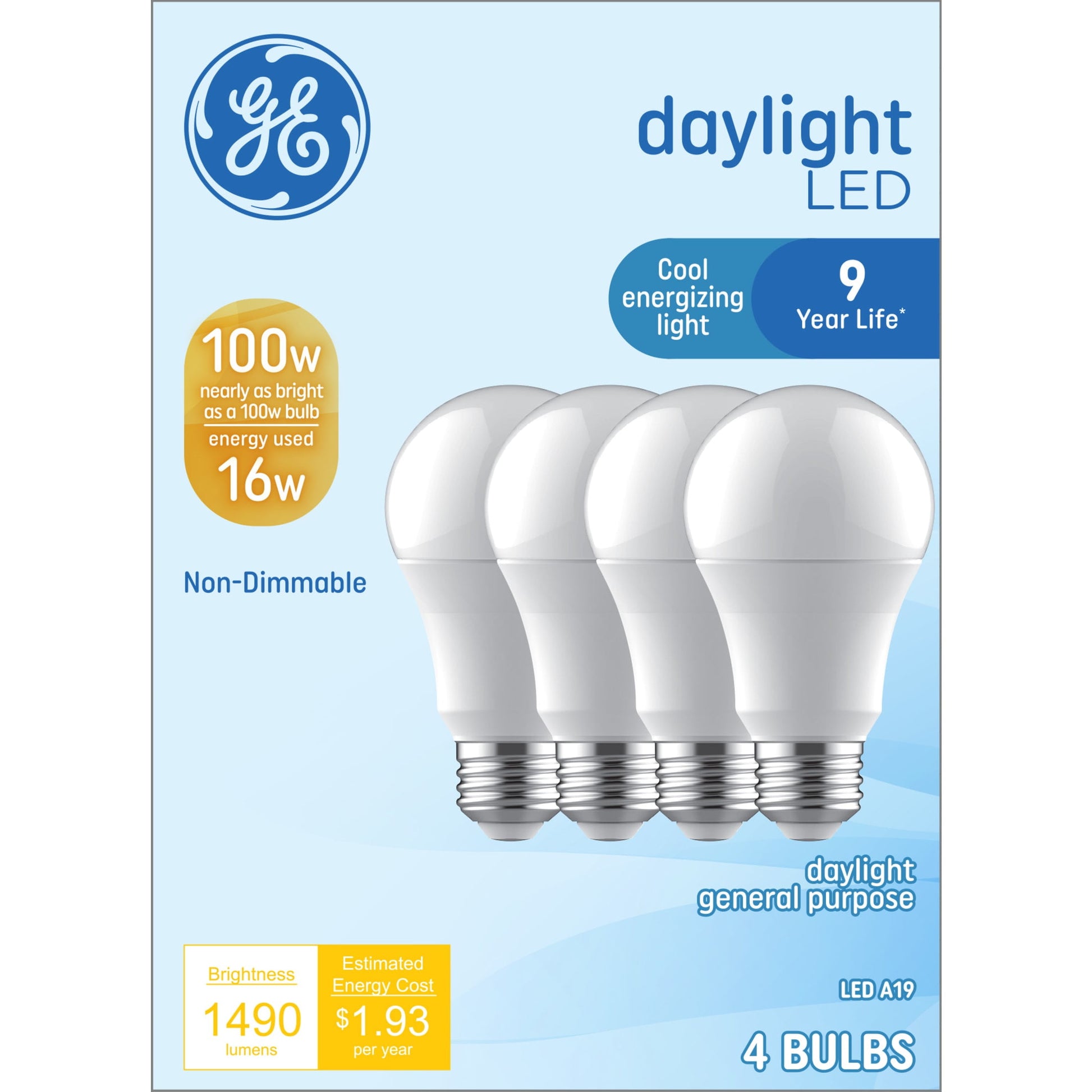 GE LED Light Bulbs, 100 Watt, Daylight, A19 Bulbs, Medium Base, Frosted Finish, 9yr, 4pk