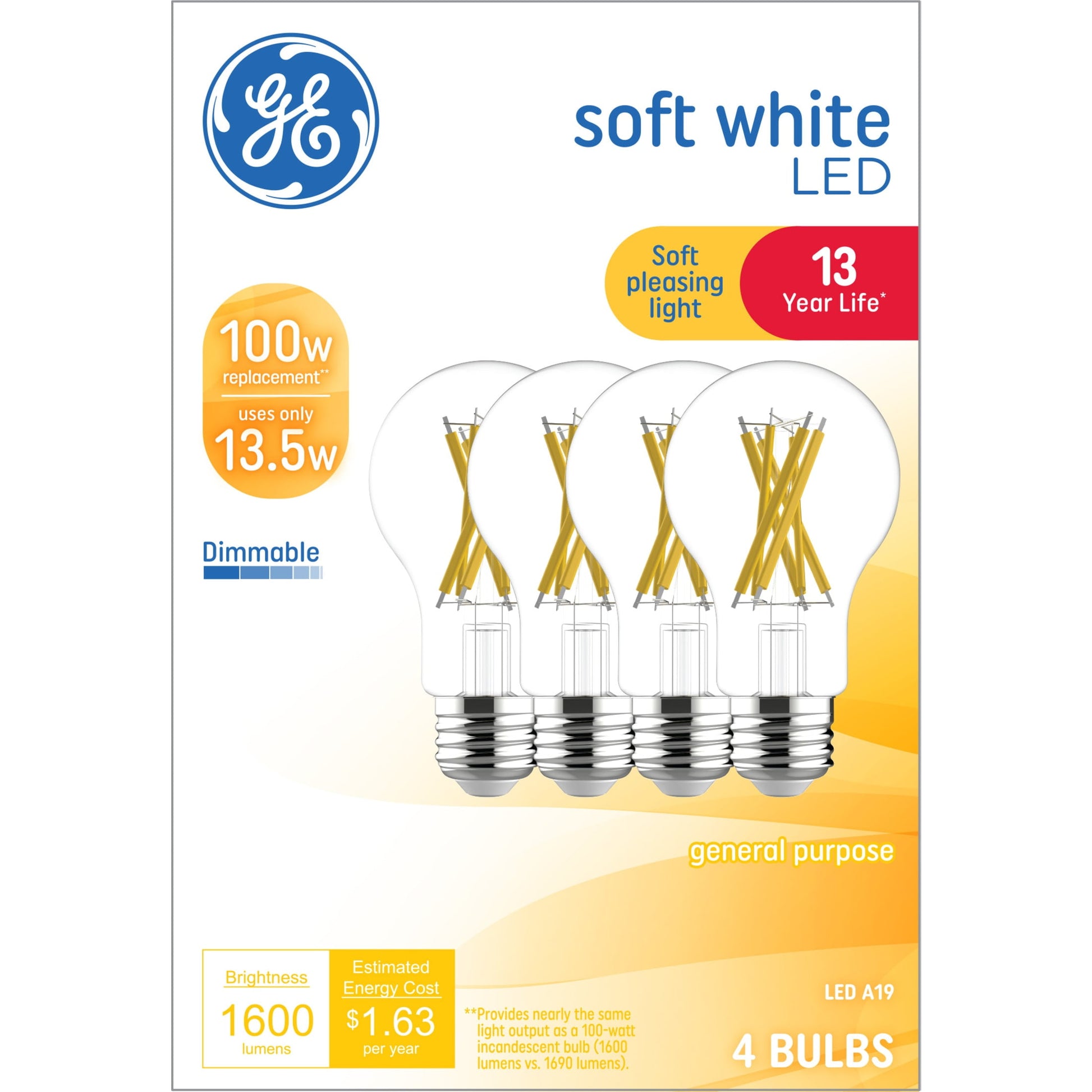 GE LED Light Bulbs, 100 Watt, Soft White, A19 Bulbs, Medium Base, Clear Finish, 13yr, 4pk