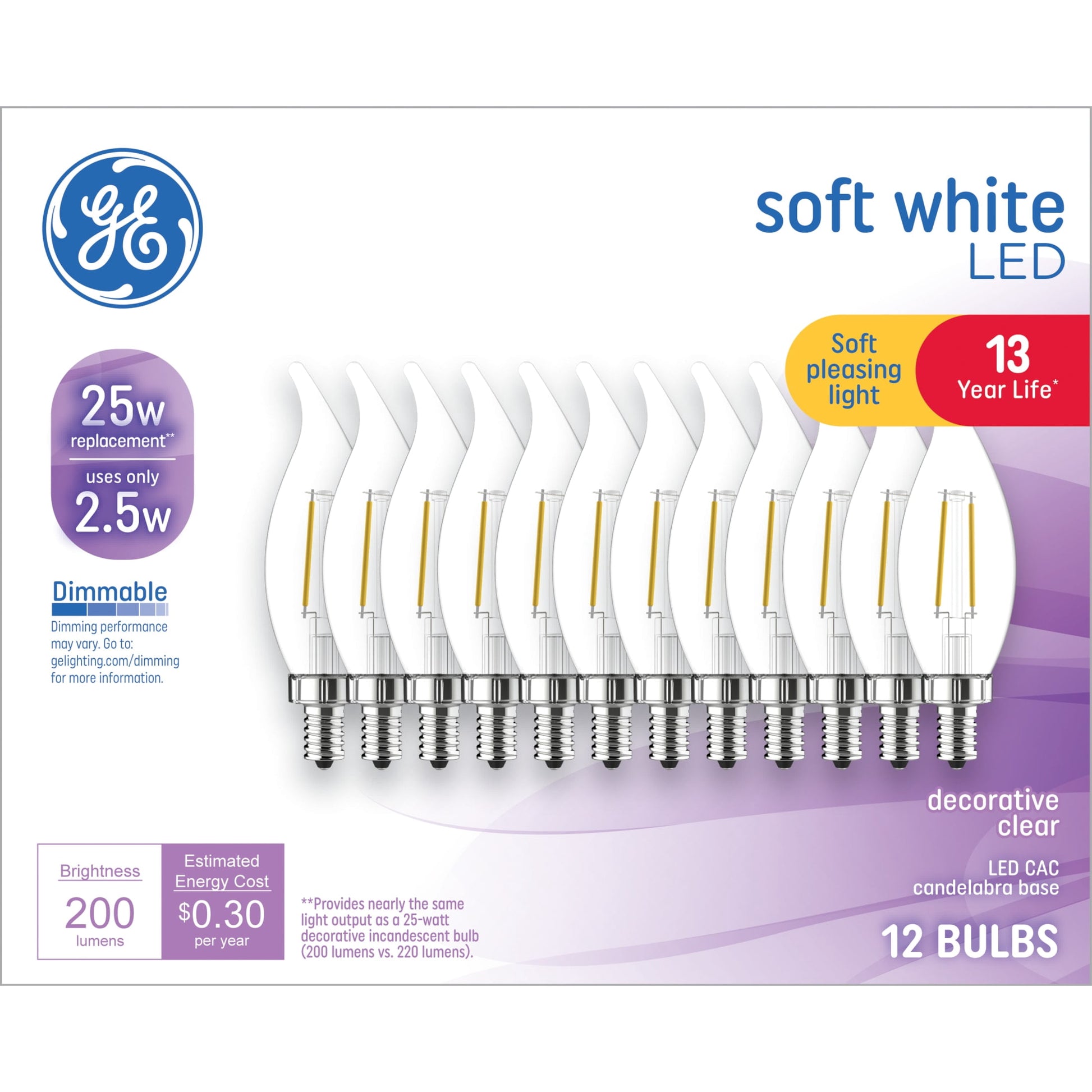 GE LED Light Bulbs, CAC Decorative Candle Bulbs, 25 Watt Replacement, Soft White (12 Pack)