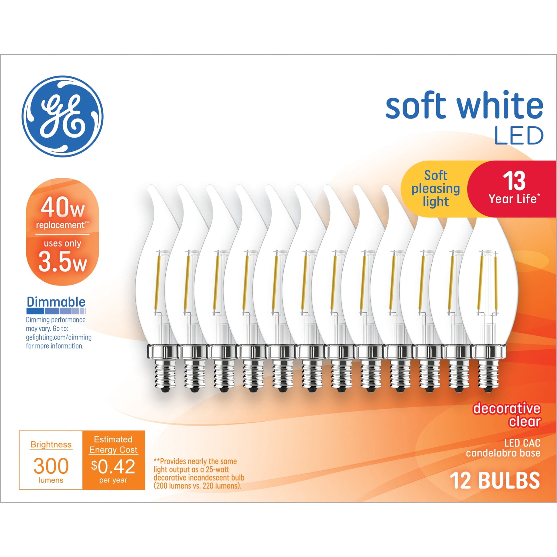 GE LED Light Bulbs, CAC Decorative Candle Bulbs, 40 Watt Replacement, Soft White (12 Pack)