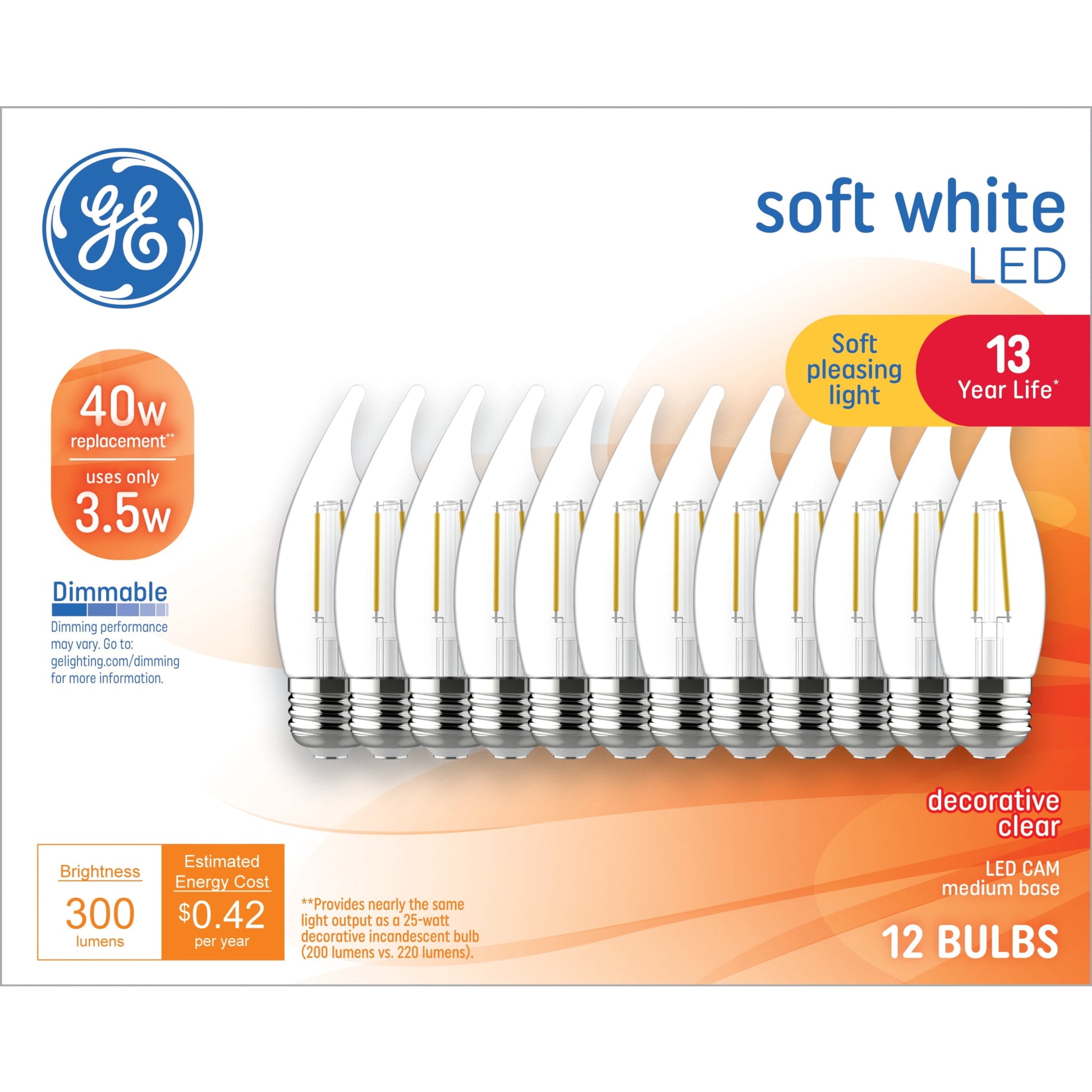 GE Classic LED 25 Watt Replacement, Soft White, CA11 Deco - Candle Bulbs (12-Pack)