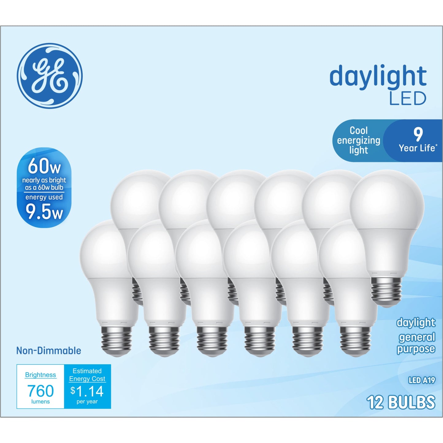 GE LED Light Bulbs, 60 Watt, Daylight, A19 Bulbs, Medium Base, 9yr, 12pk