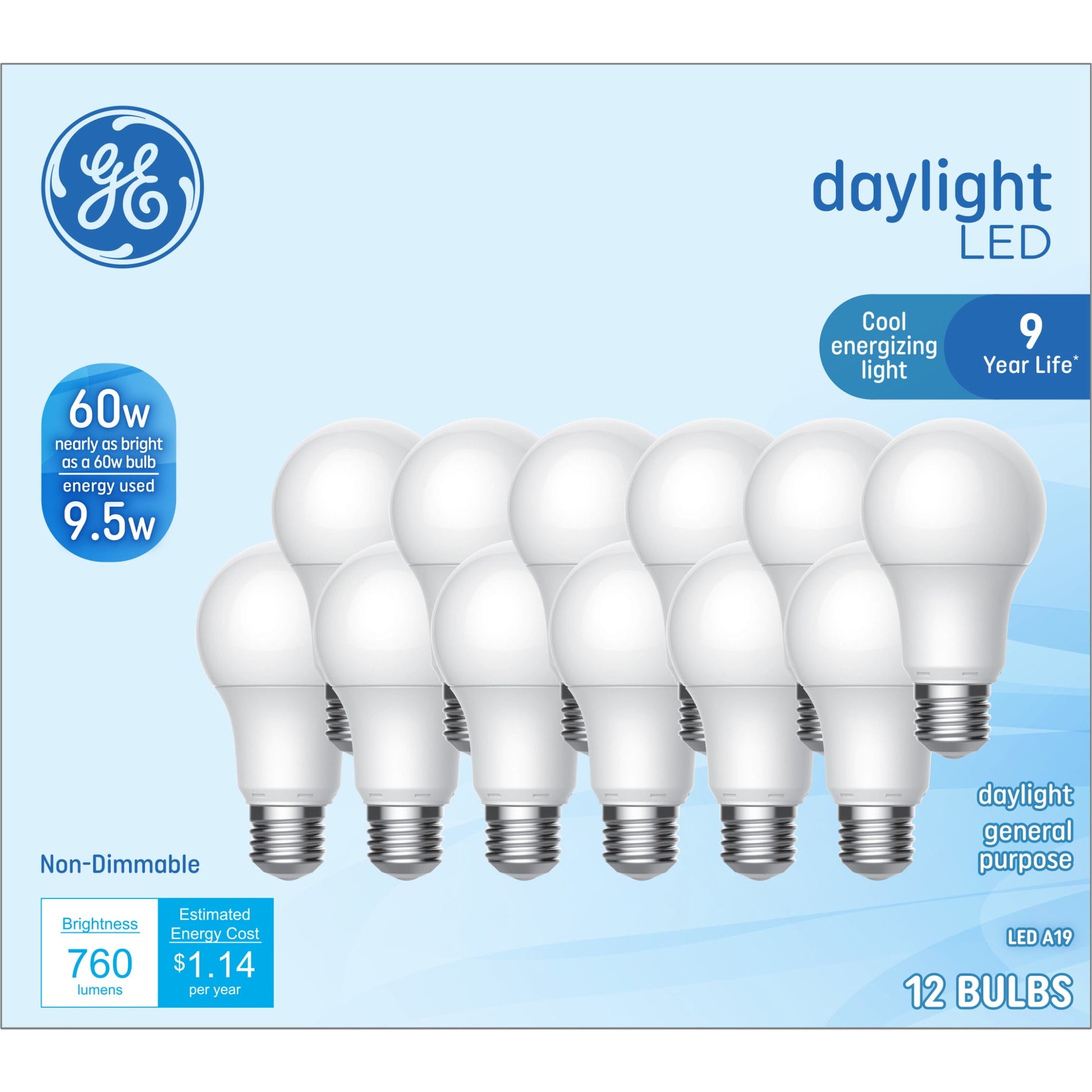 GE LED Light Bulbs, 60 Watt, Daylight, A19 Bulbs, Medium Base, 9yr, 12pk