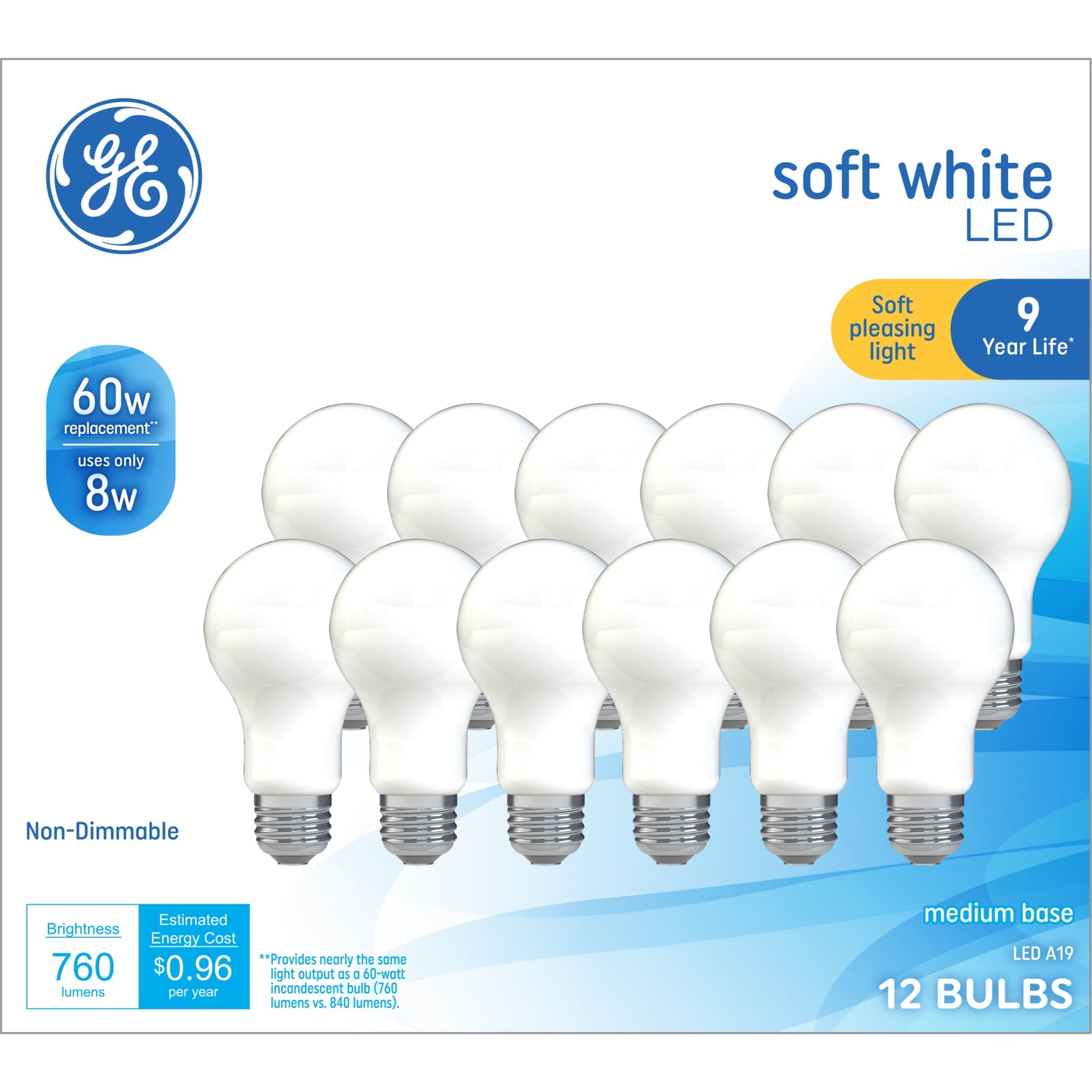 GE LED Light Bulbs, 60 Watt, Soft White, A19 Bulbs, Medium Base, Frosted Finish, 9yr, 12 Pack