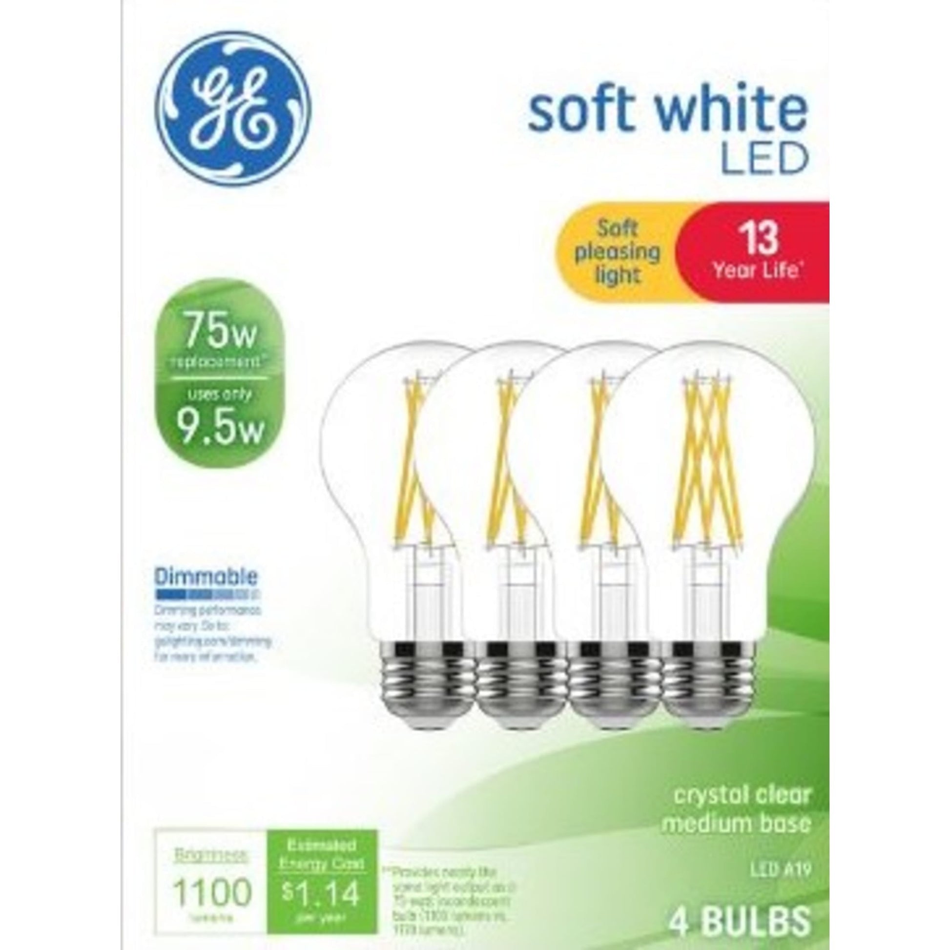 GE LED Light Bulbs, 75 Watt, Soft White, A19 Bulbs, Medium Base, Clear Finish, 13yr, 4pk