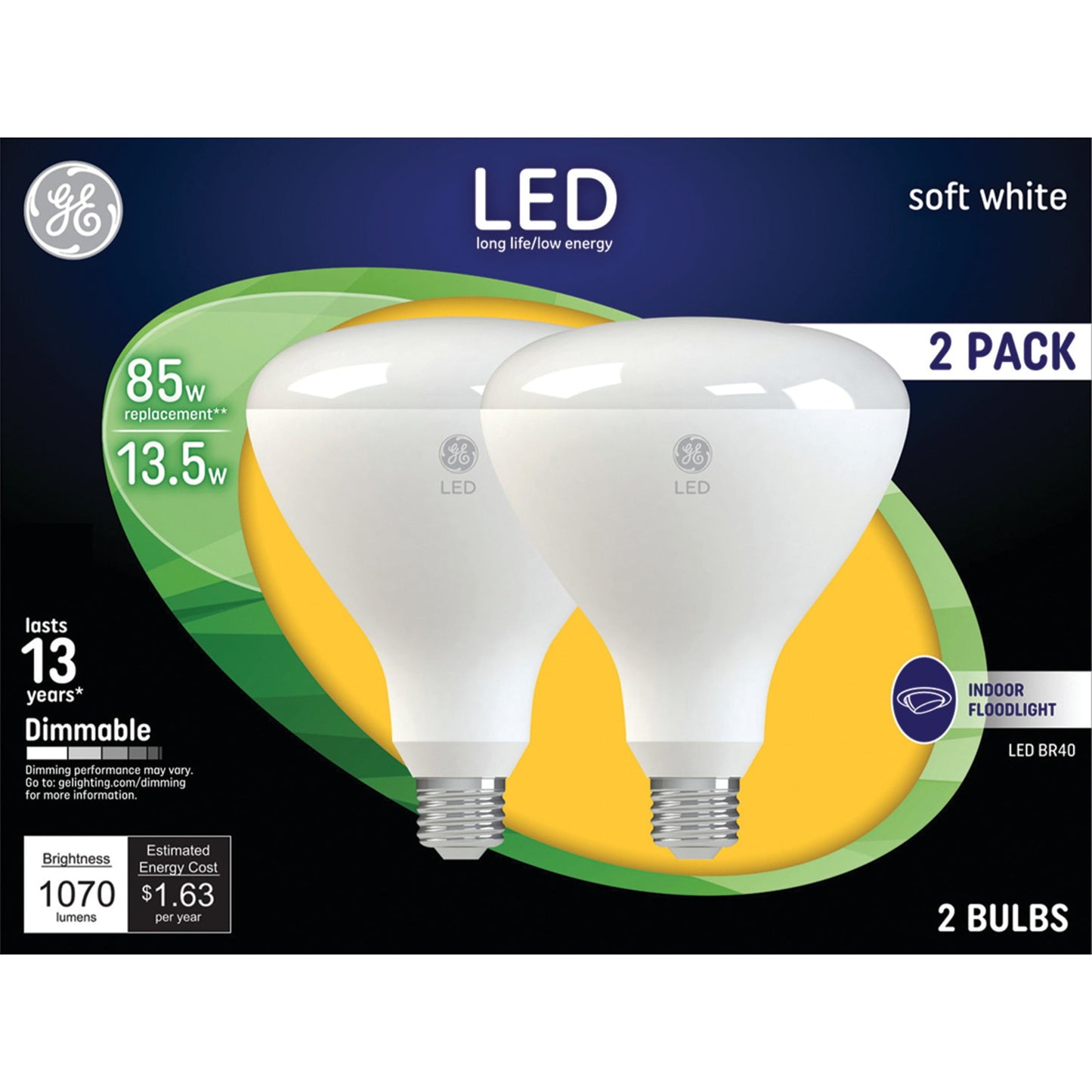 GE LED Light Bulbs, 85 Watt, Soft White, BR40 Floodlights, Medium Base, Frosted Finish, 13yr, 2pk