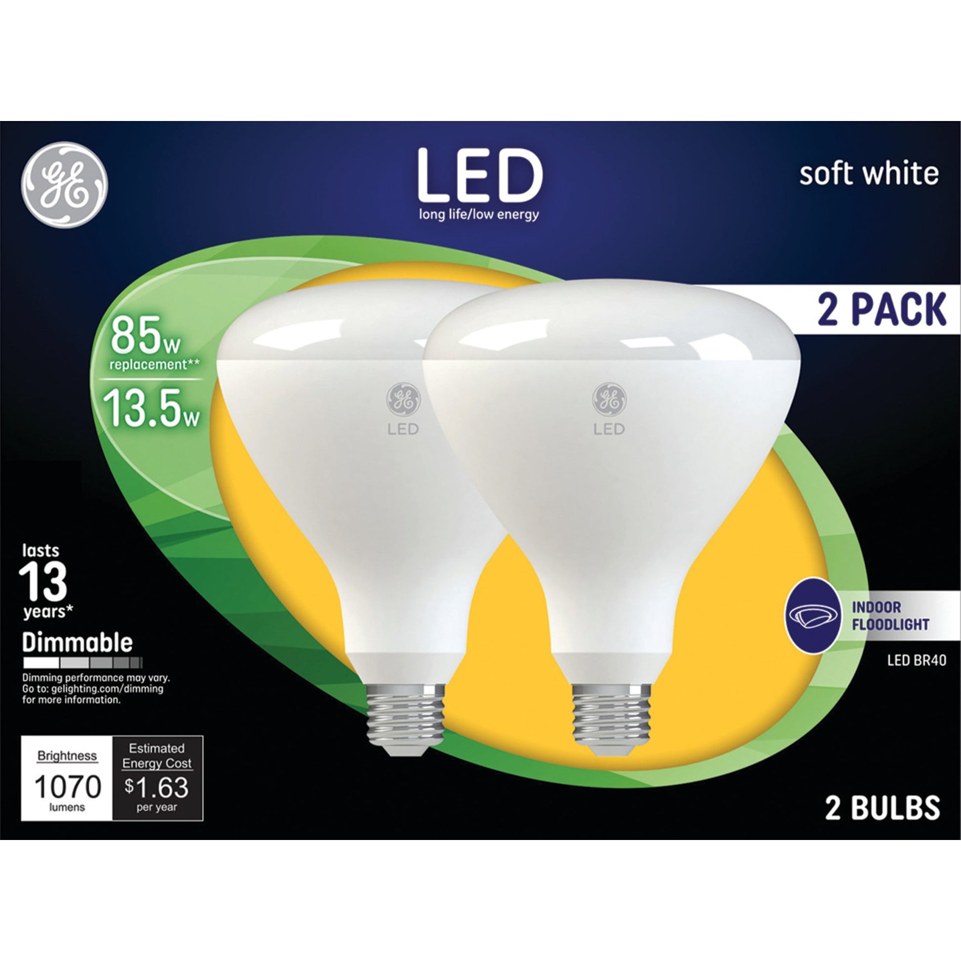 GE LED Light Bulbs, 85 Watt, Soft White, BR40 Floodlights, Medium Base, Frosted Finish, 13yr, 2pk