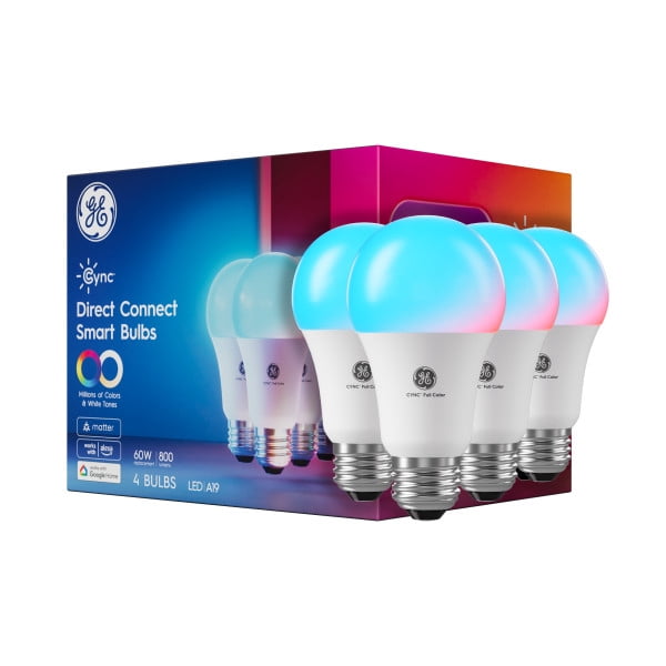 GE Cync Direct Connect A19 Smart LED Light Bulbs, Color Changing Smart Lights, Matter Compatible, Works with Alexa and Google Home (4 Pack)