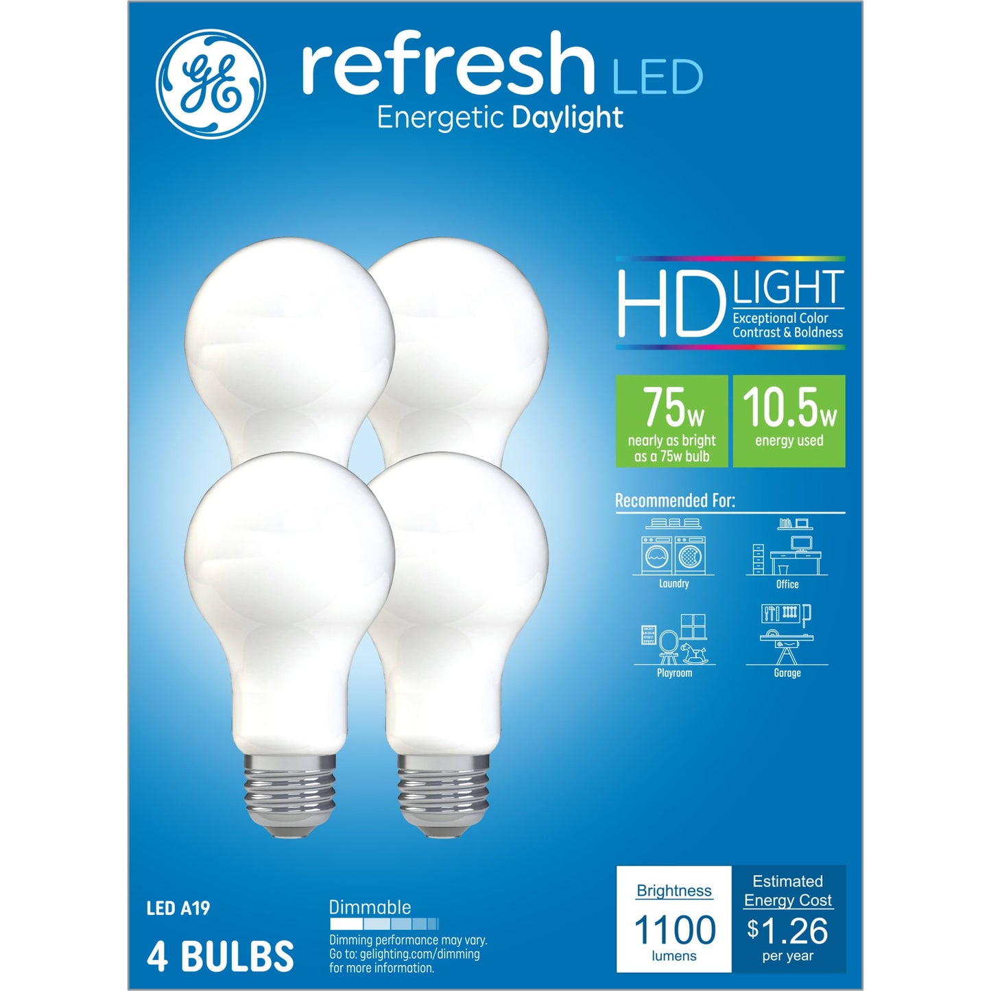 GE Refresh HD LED 75 Watt Replacement, Daylight, A19 General Purpose Bulbs (4 Pack)
