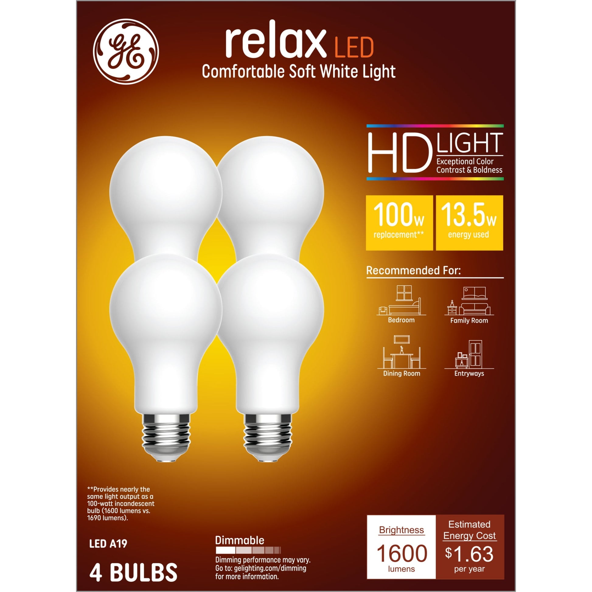 GE Relax HD LED 100 Watt Replacement, Soft White, A19 General Purpose Bulbs (4 Pack)