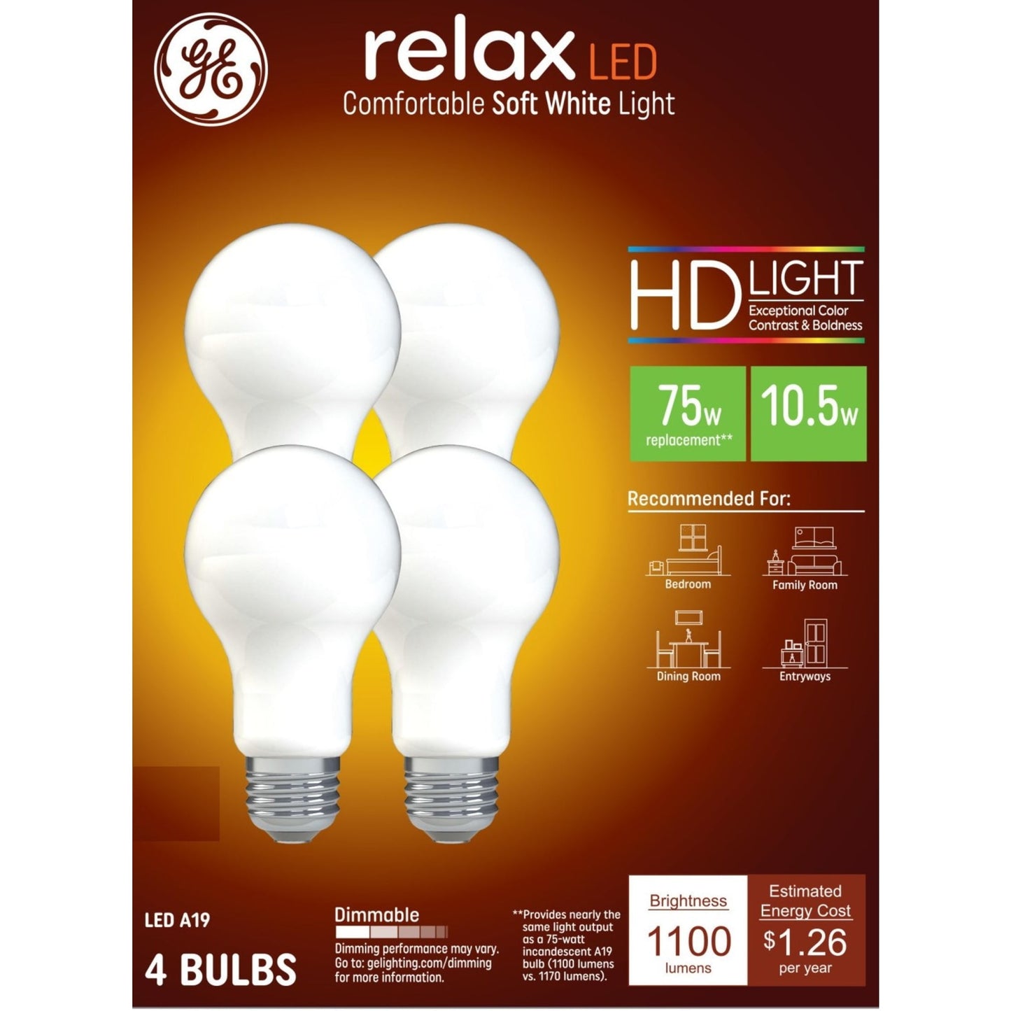 GE Relax HD LED Light Bulbs, 75 Watt, Soft White, A19 Bulbs, 4pk