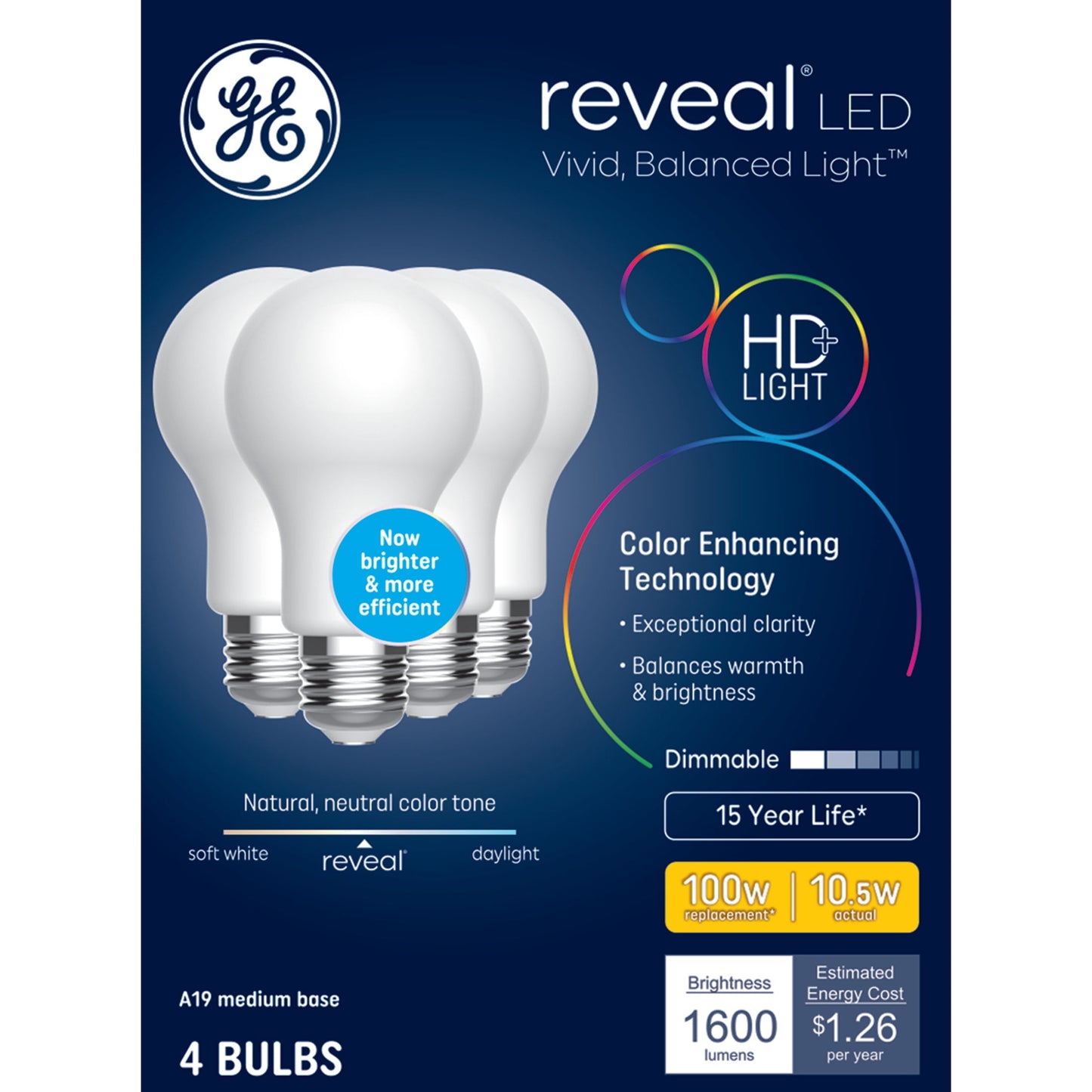 GE Reveal HD+ LED 100 Watt Replacement, Reveal, A19 General Purpose Bulbs (4 Pack)