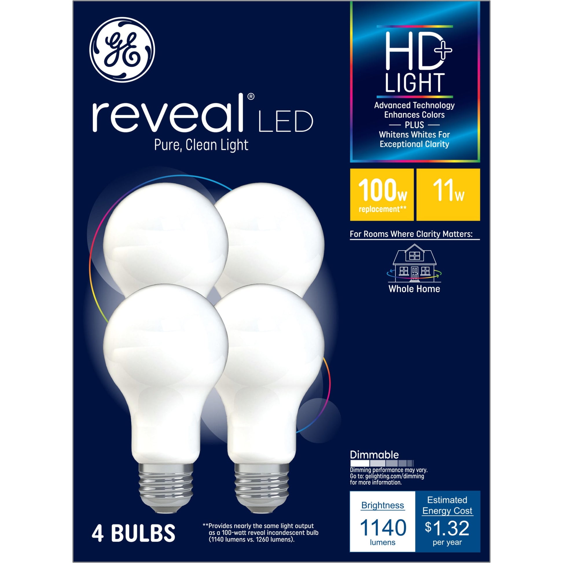 GE Reveal HD+ LED Light Bulbs, 100 Watt, A19 Bulbs, Medium Base, Frosted Finish, 4pk
