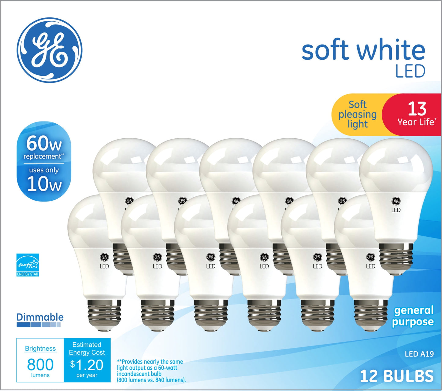 GE Soft White A19 General Purpose 10-Watt LED Light Bulb (60W Equivalent), Dimmable, Medium Base, 12-Pack