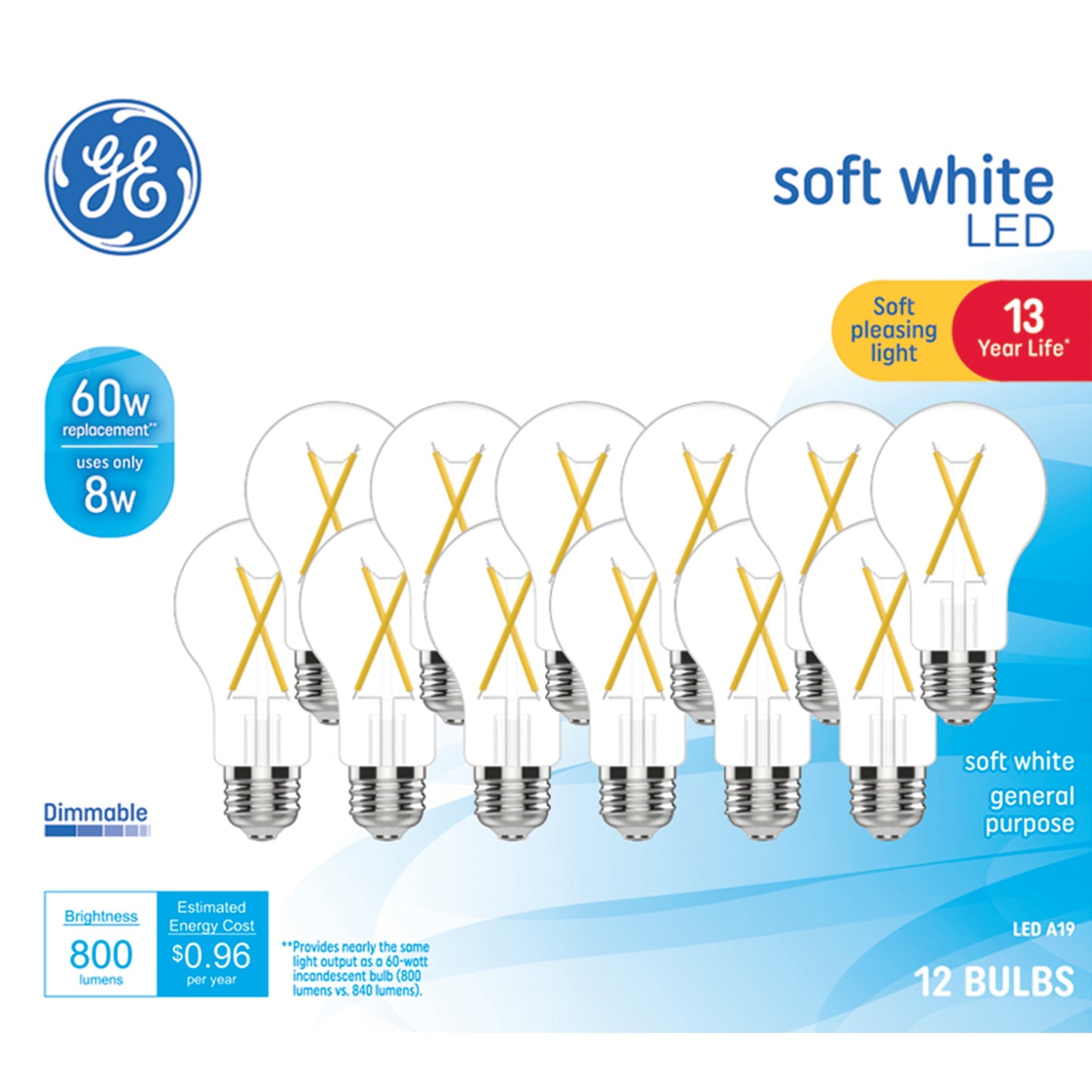 GE LED Light Bulbs, 60 Watt Replacement, Soft White, A19 General Purpose Bulbs, 12pk