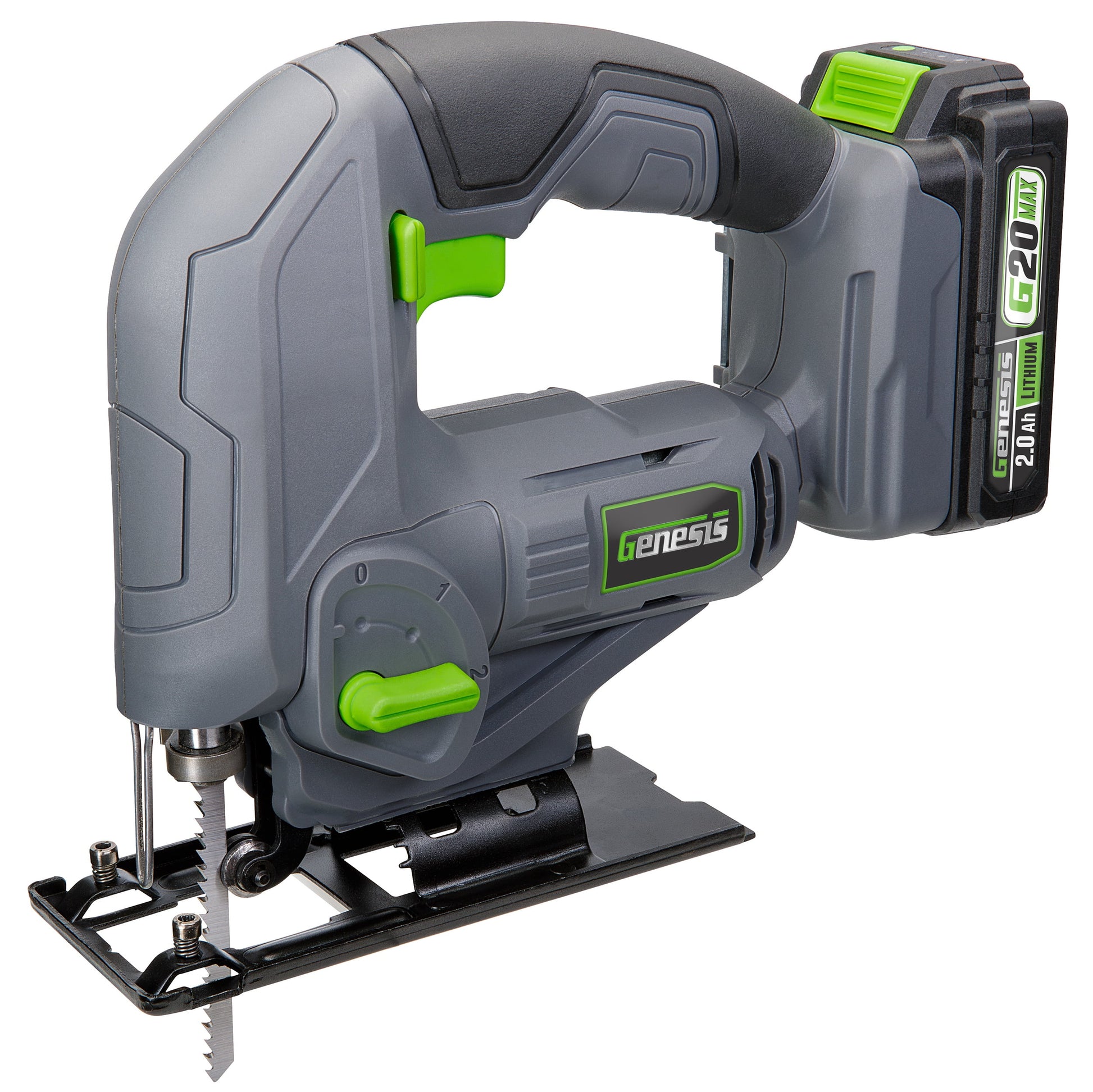 GENESIS G20MAX 20V Variable-Speed Jig Saw with 3-Orbital Settings, 2.0Ah Battery and quick charger included.