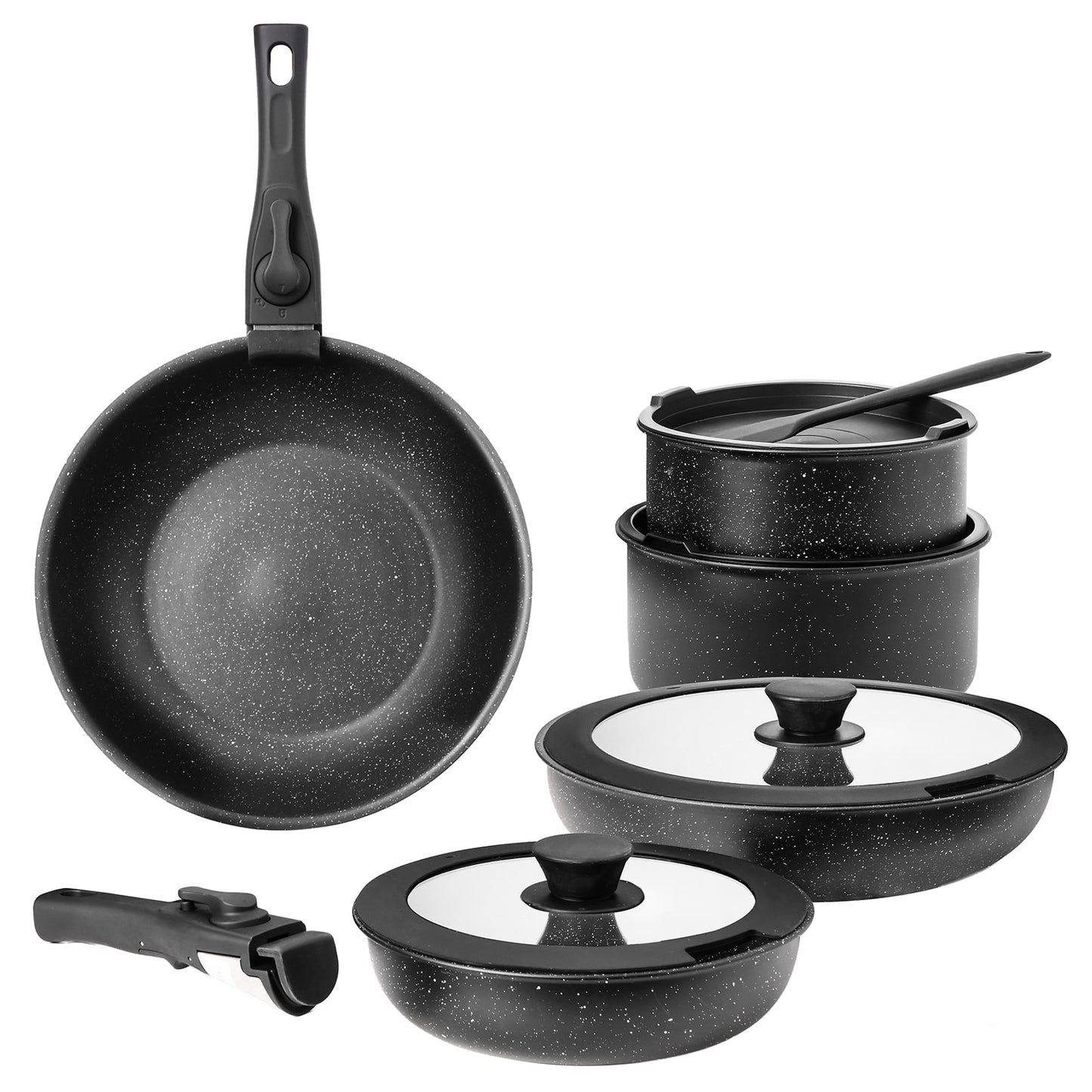 GIANNA 12pcs Non-Stick Cookware Set, Pots and Pans Set, with Spatula & Detachable Handle for Kitchen, Black